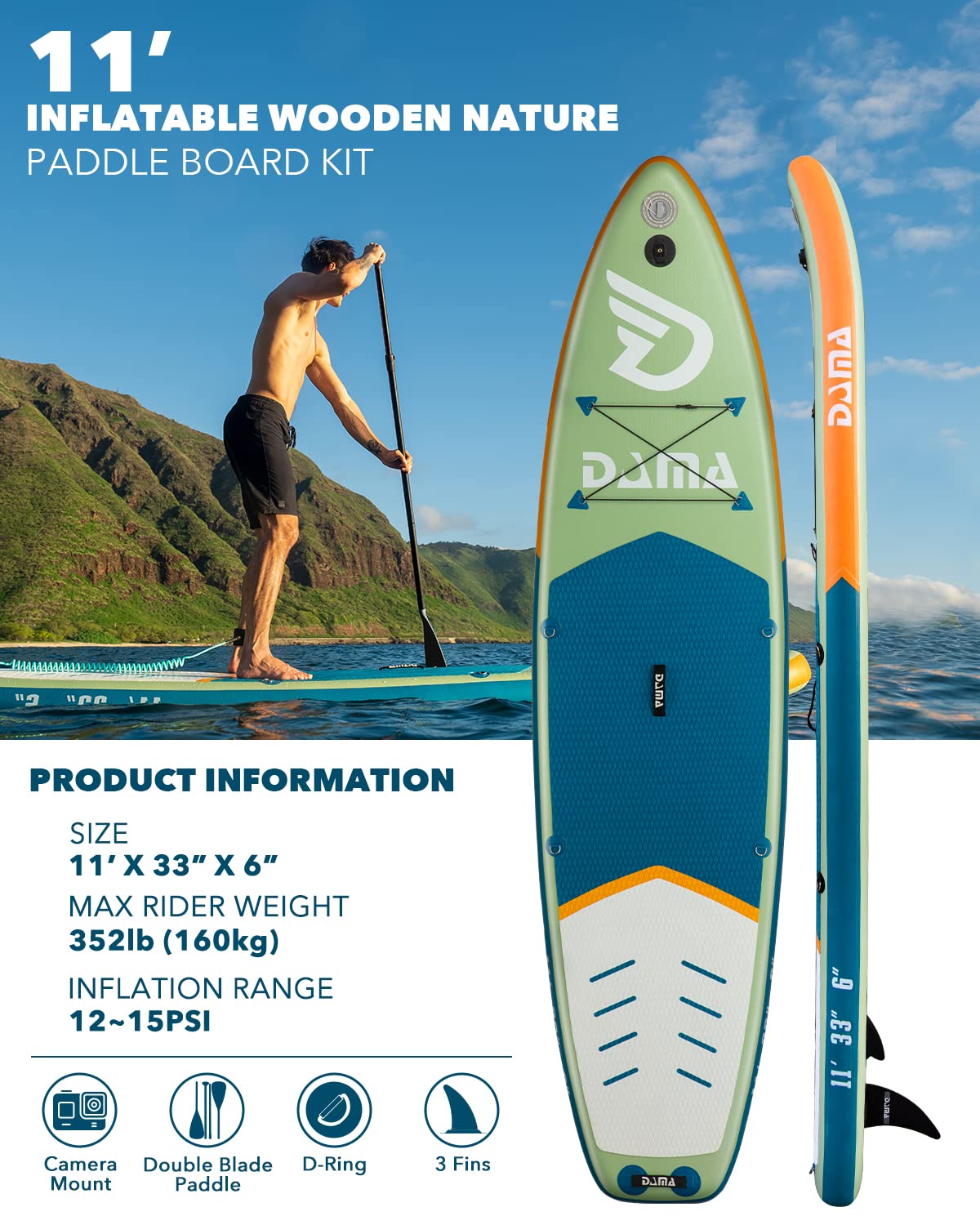 DAMA Inflatable Stand Up Paddle Board 11'x33 x6, Inflatable Yoga Board, Dry Bags, Camera Seat, Floating Paddle, Hand Pump, Board Carrier, Durable & Stable for 3 People