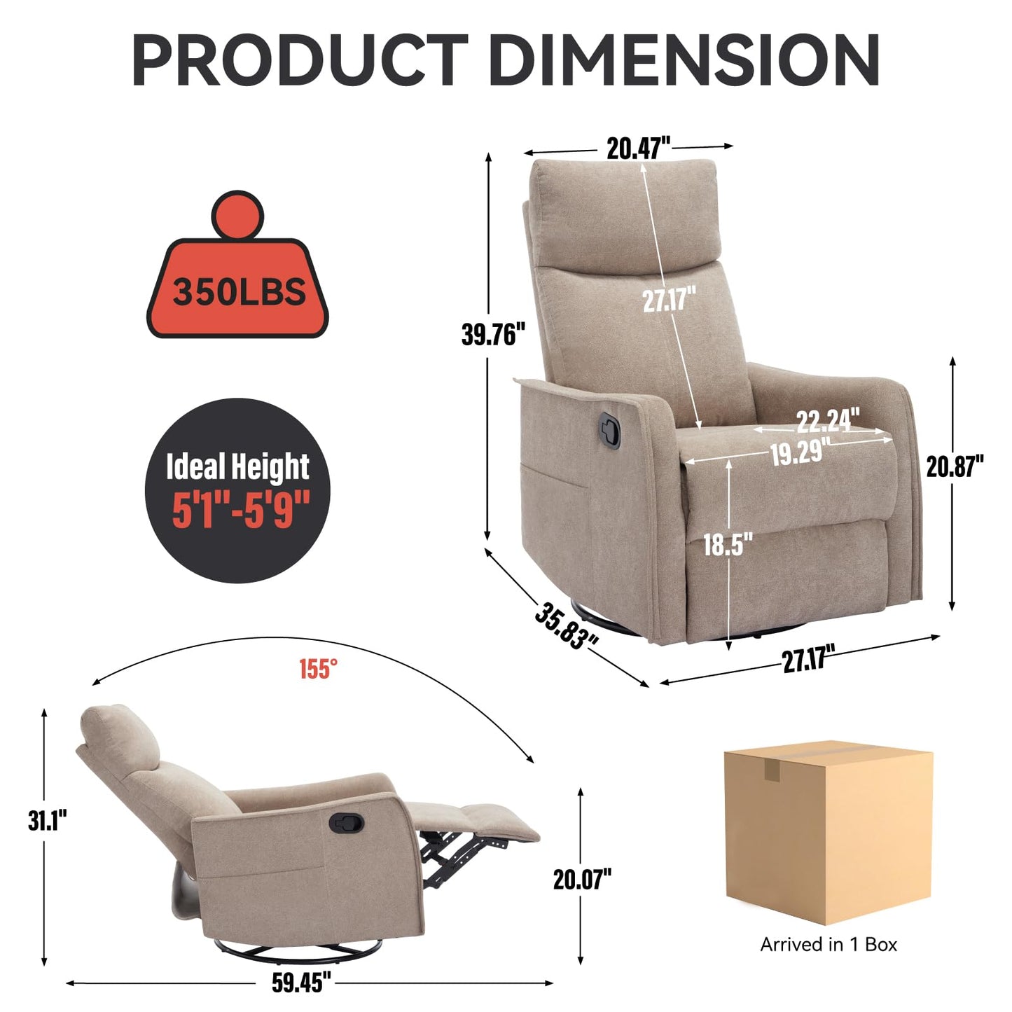 KEIKI 4-in-1 Manual Swivel Rocker Recliner Chair for Home Living Room, Polyester Chair with Back Massager & Heat, Home Theater Seating with Lumbar Support, Soft Recliner Office Chair for Adult, Khaki