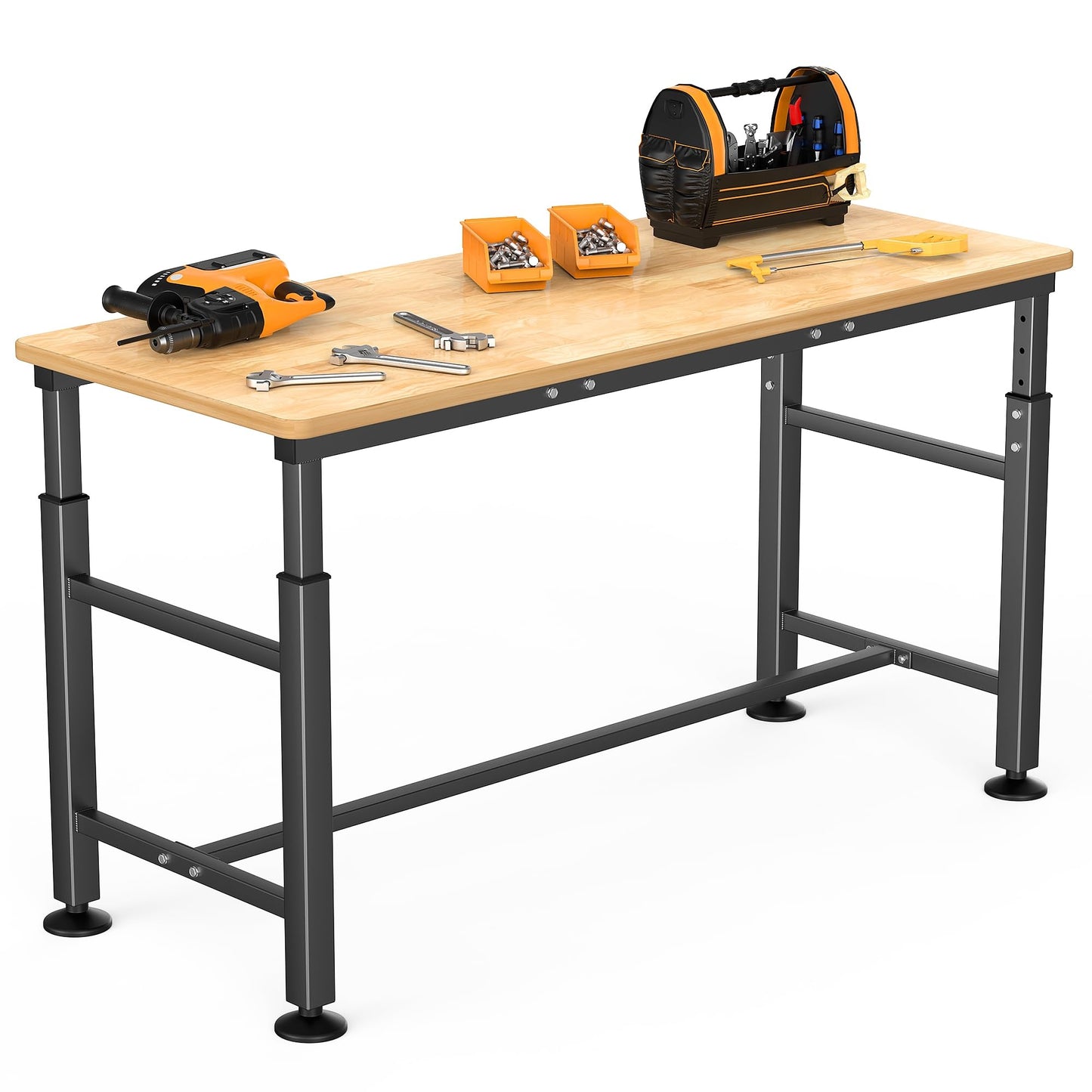 TORACK Adjustable Workbench with Rubberwood Top, 60" x 23.5" Heavy-Duty Garage Work Table, Height Adjustable 29"–41", Supports Up to 2000 lbs