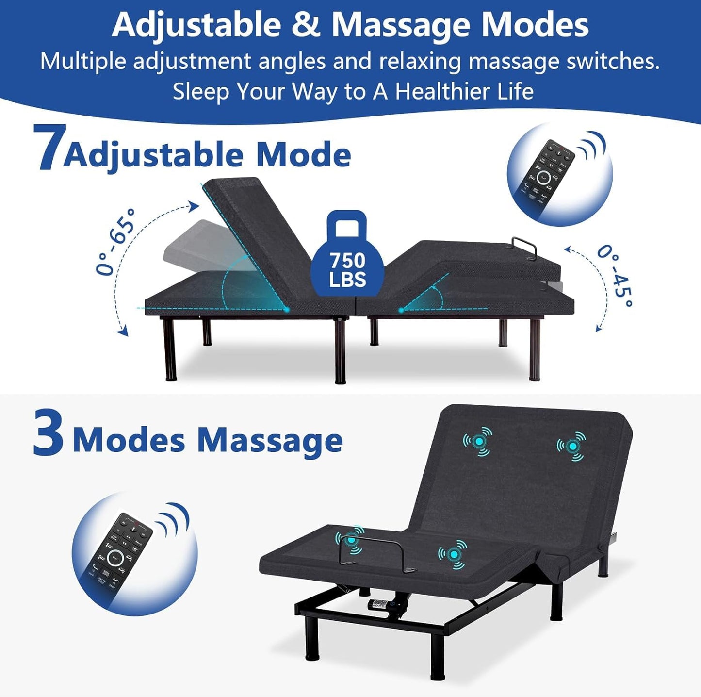 Vipbear Full Adjustable Bed Frame with Massage,Bed Base with Thickened Frame,Voice Control, Wireless Remote, Head and Foot Lift, Anti-Snore/0 Gravity, Under-Bed Light, Electric Beds