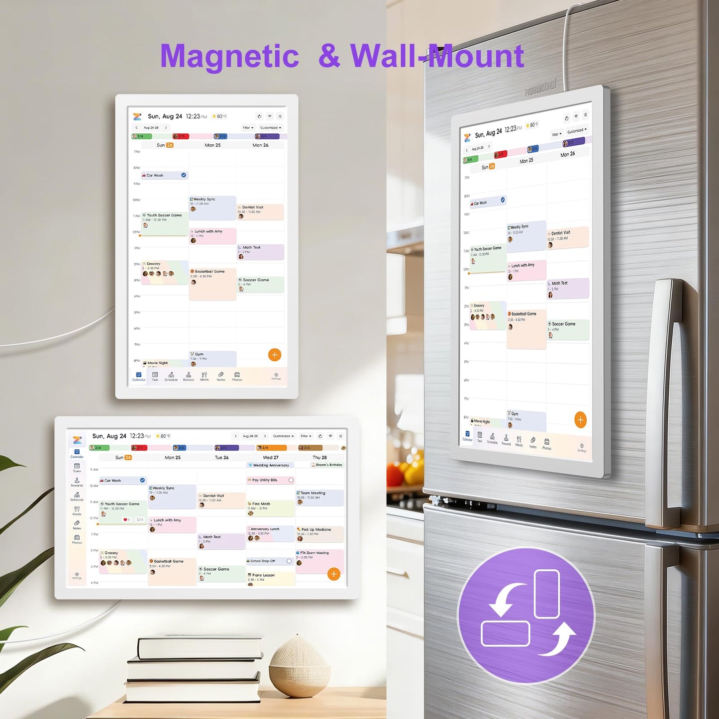 JSUSOU 24 Inch Magnetic Digital Smart Calendar for Refrigerator - Free APP & Touch Screen Chore Chart, Family Schedule Organizer & Interactive Electronic Calendar, Fridge/Wall Mountable, White