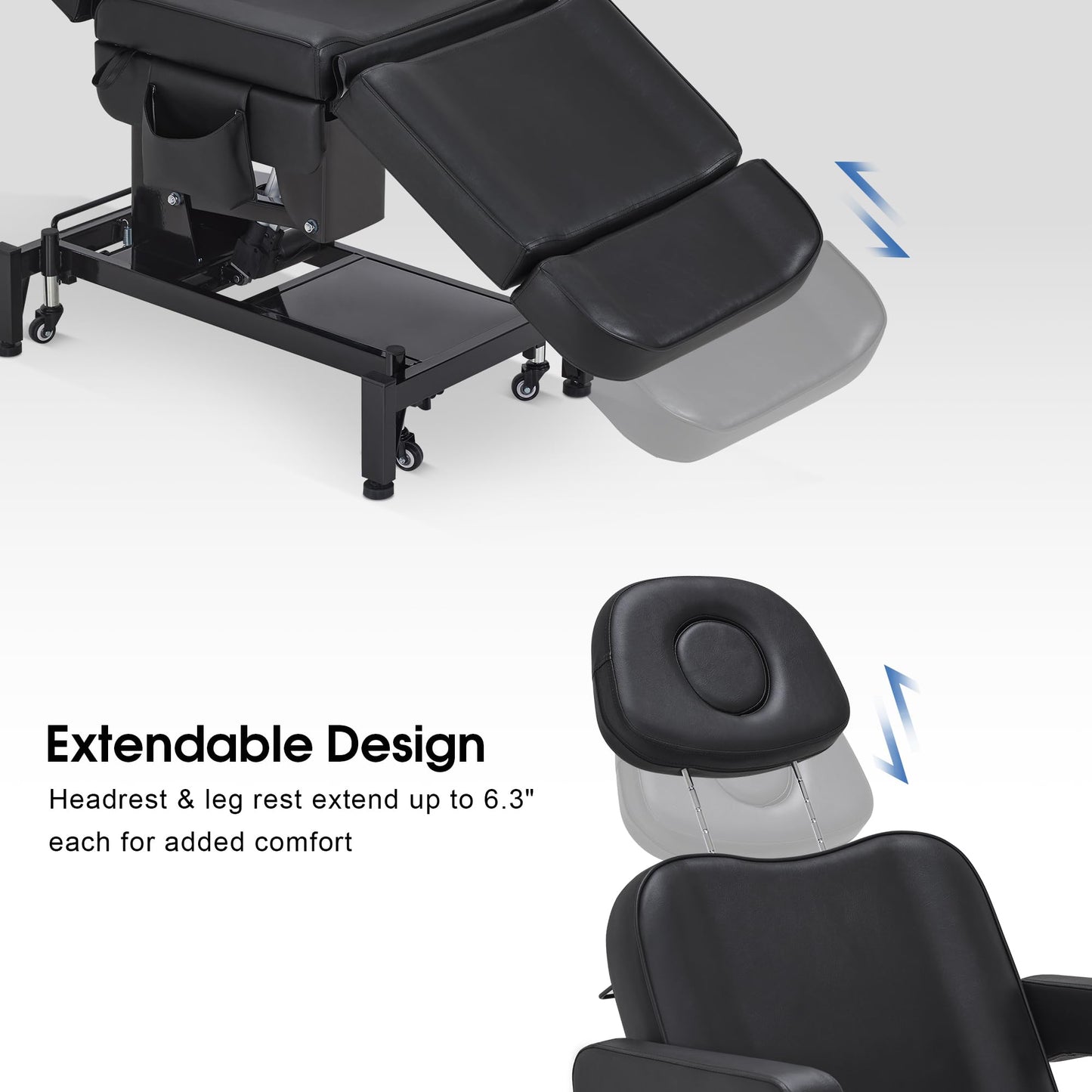 BarberPub Fully Electric Beauty Bed, 3-Motor Salon Spa Chair with Foot-Controlled Wheels, Adjustable Height, Backrest & Leg Rest – PVC Leather, Professional Facial & Treatment Table 2754 (Black)