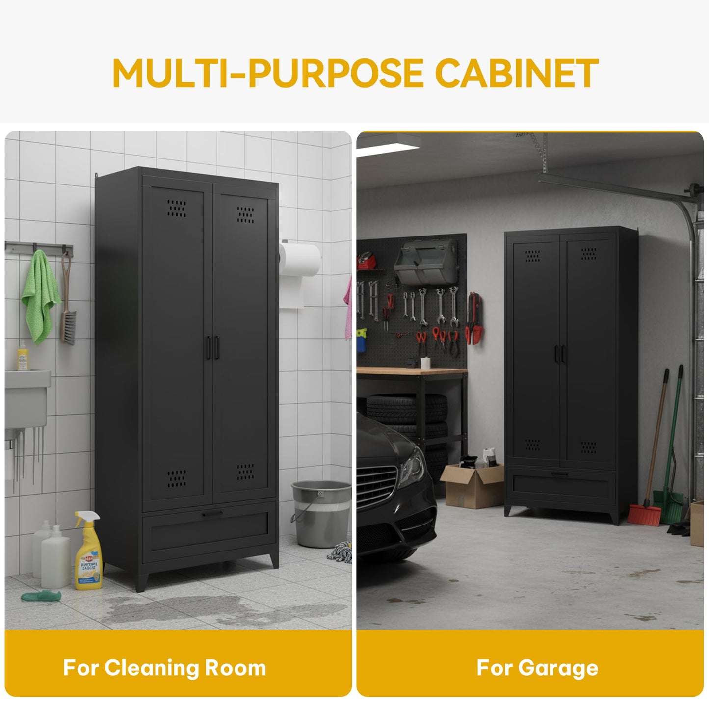 DWVO Metal Garage Storage Cabinet with Pegboard, 71" Tall Broom Cabinet with Lights, Adjustable Shelves, Heavy Duty Tool Storage Cabinet for Garage, Cleaning Room, Gym