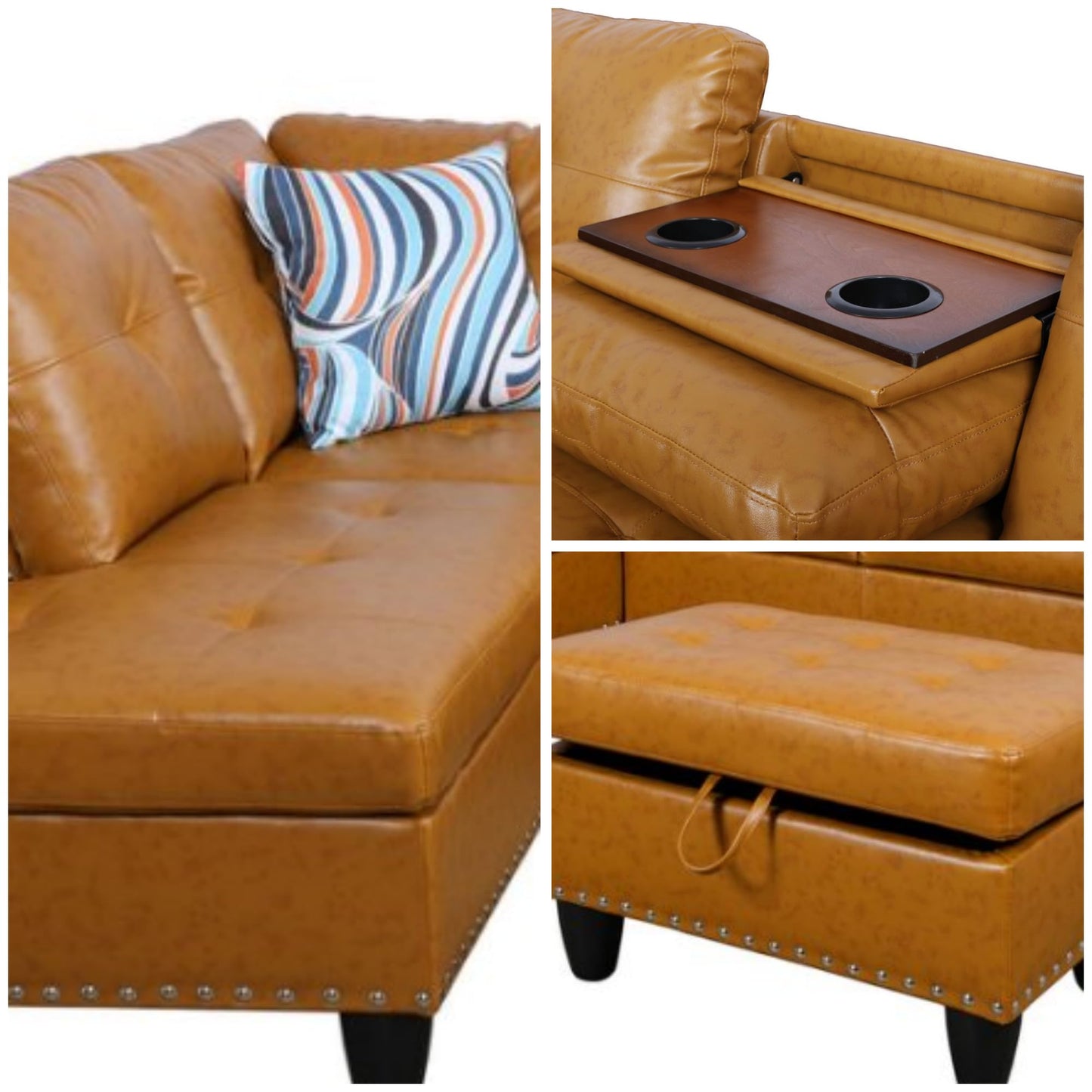 Trygoal L Shaped Couches for Living Room, Leather Sectional Couch Living Room Furniture with Storage Ottoman, Modular Sectional Sofa with Movable Chaise for Apartment Office, Ginger