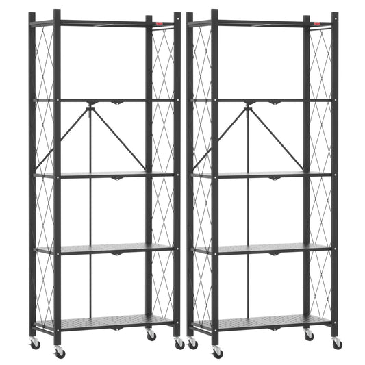 DEANIC 5-Shelf Folding Bookcase with Wheels, Heavy Duty Storage Shelves, Freestanding Metal Wire Shelving Unit for Living Room, Office, Kitchen, Basement, Pantry(Black 2 Pack)