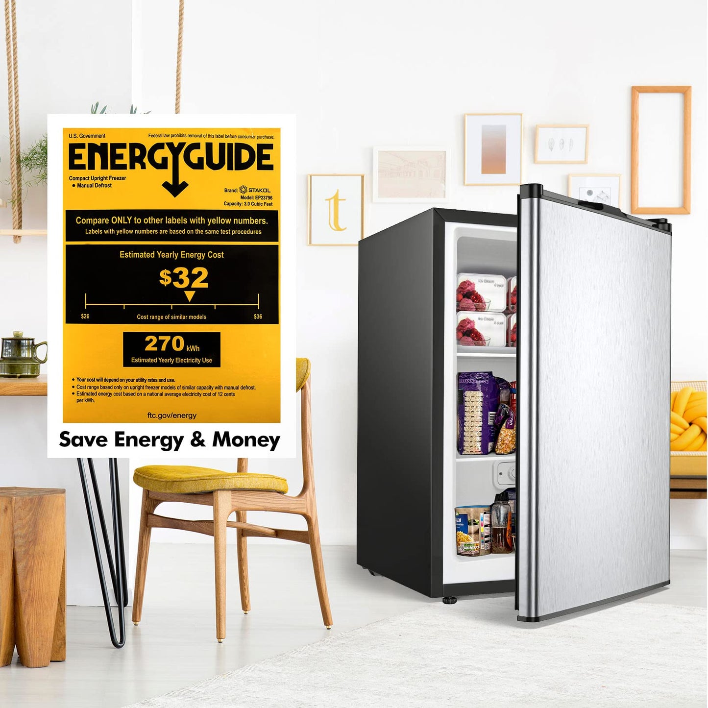 COSTWAY Compact Single Door Upright Freezer - Mini Size with Stainless Steel Door - 3.0 CU FT Capacity - Adjustable