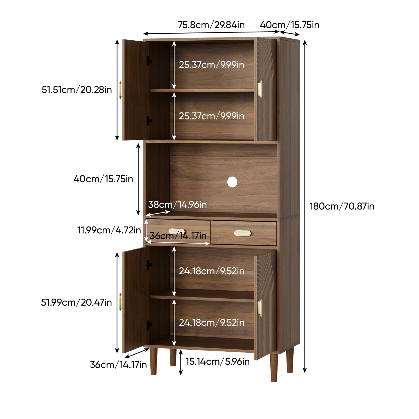 Smart FENDEE 70.87" Tall Kitchen Pantry Cabinet with Line Grooved Doors, Storage Cupboard with 2 Drawers, Adjustable Shelves & Gold Handles for Dining Room, Bathroom, Walnut