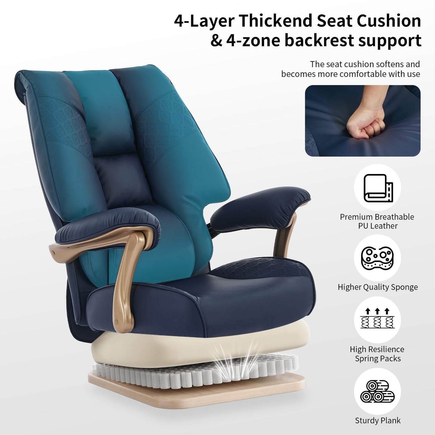 EXCEBET Big and Tall Executive Office Chair with Footrest, 400LBS Capacity Ergonomic High-Back Desk Office Chair with Lumbar Support, Padded Armrests & Thick Cushion, Blue PU Leather Chairs
