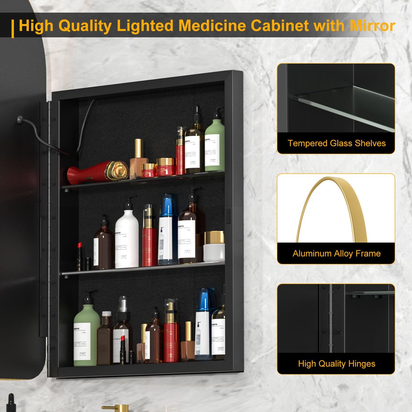 Mepplzian Lighted Arched Medicine Cabinet with LED Mirror - 20x31 Inch Recessed Bathroom Storage, Gold Arched Wall Mounted Mirror Cabinet, Arch Medicine Cabinet with Lights,Anti-Fog