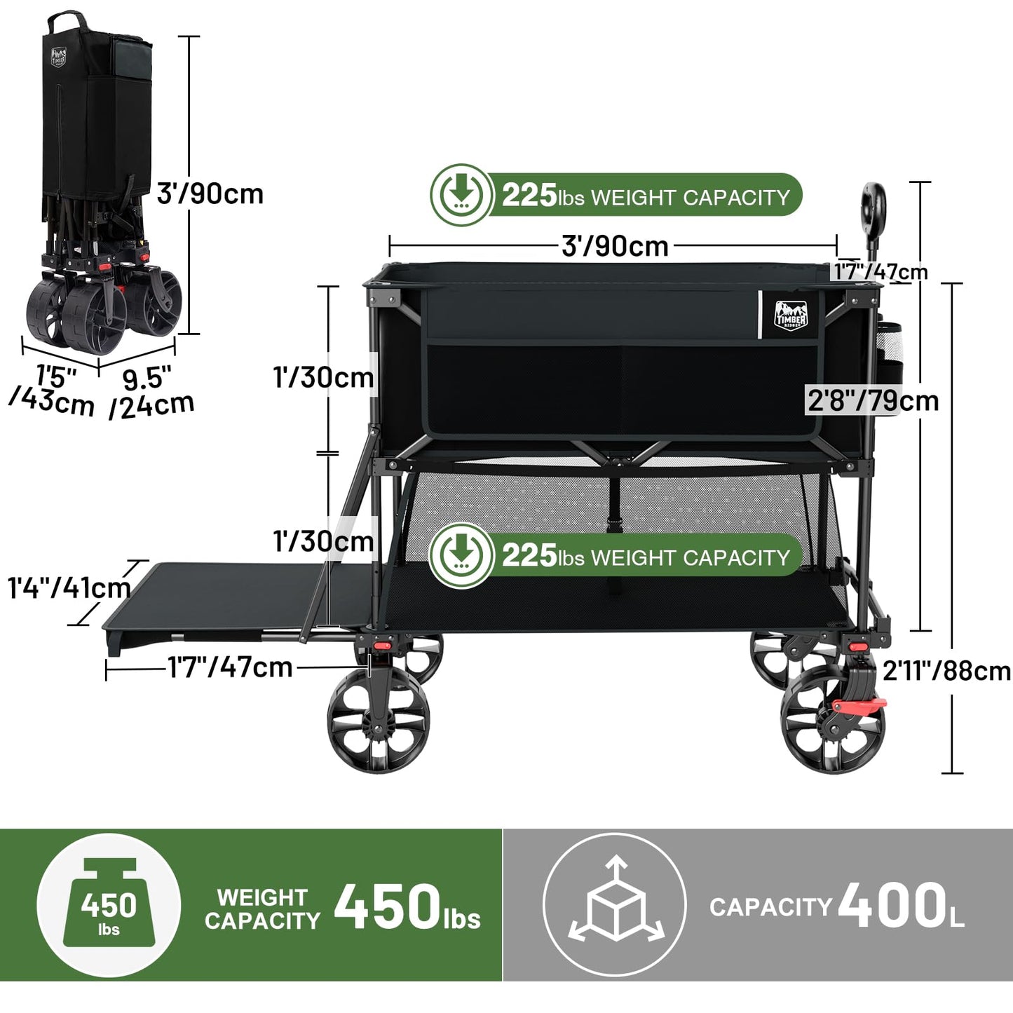 TIMBER RIDGE 400L Folding Double Decker Wagon with Brakes, 54" Extra Long