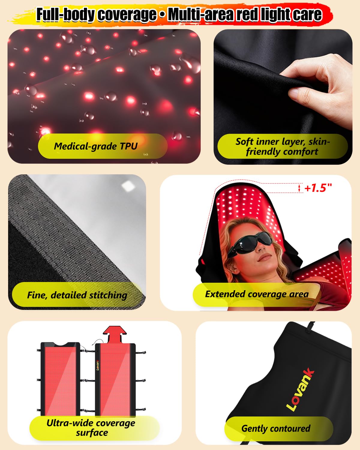 Lovank Red Light Therapy Mat for Full Body Pain Relief, 83" × 33", Medical-Grade TPU Light Therapy Blanket with 2710 Dual-Wave LEDs (660nm & 850nm)