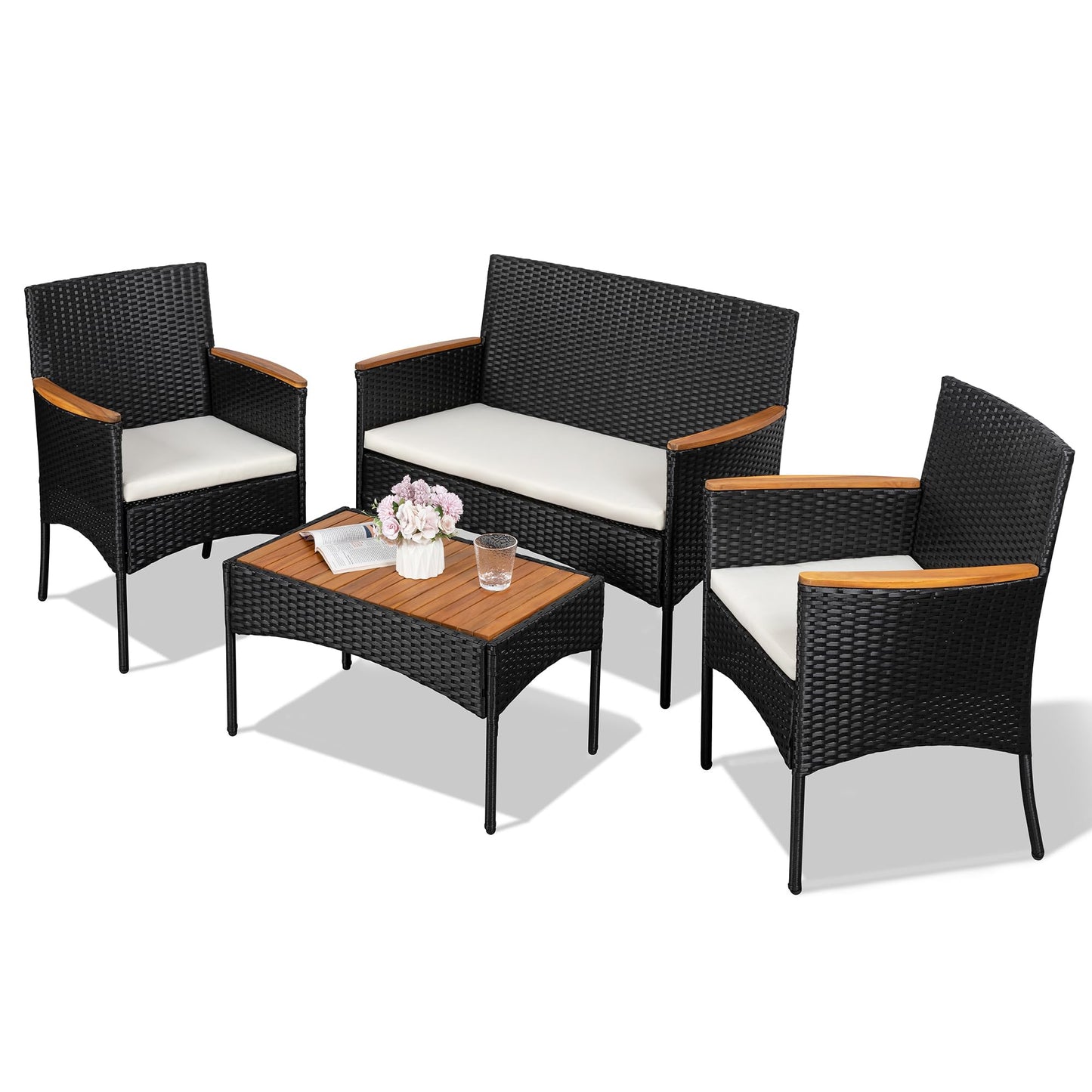 Shintenchi 4-Piece Patio Furniture Set, Outdoor Wicker Patio Conversation Furniture Set with Cushions and Wooden Tabletop for Paito Lawn Backyard Pool Garden, Black Rattan