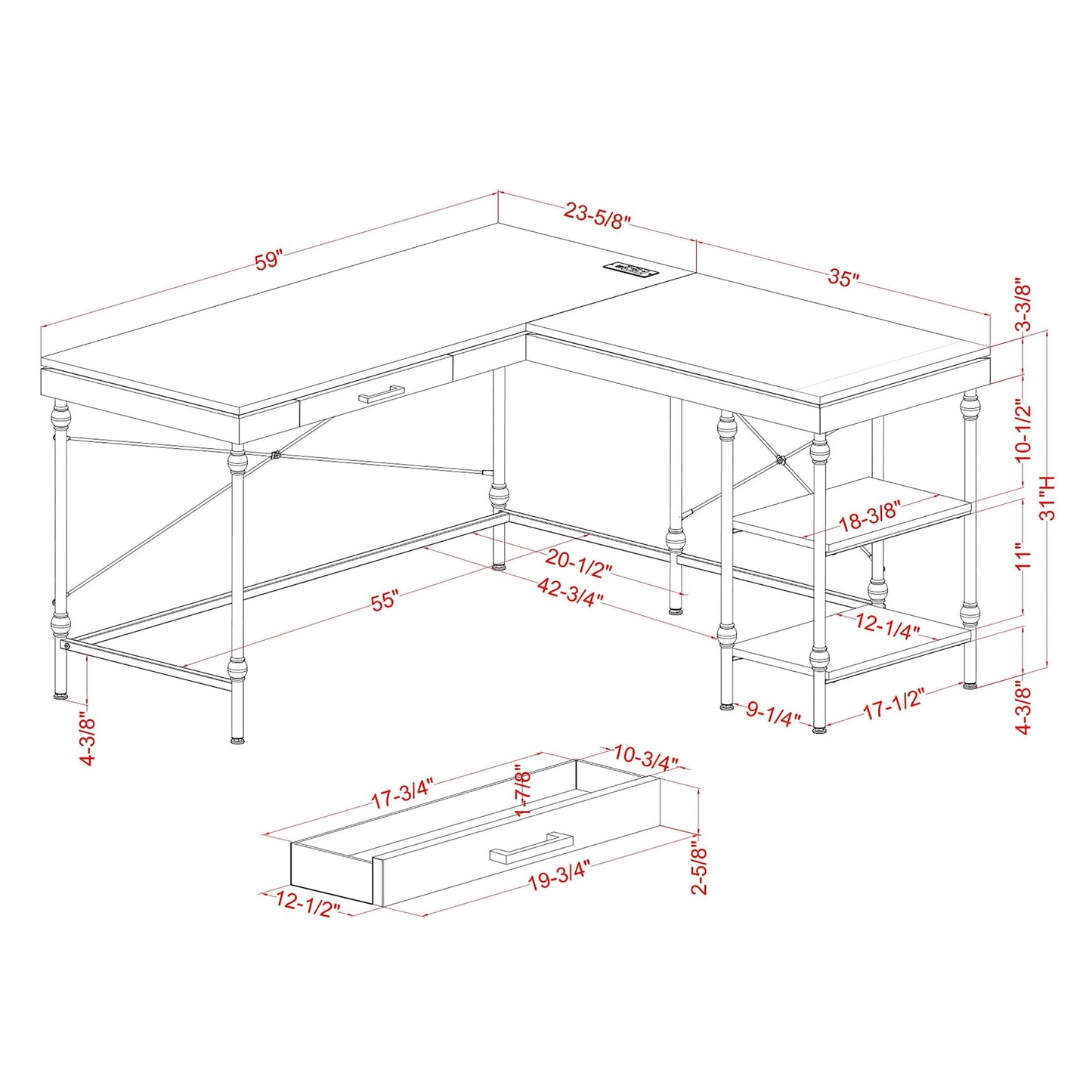 24/7 Shop at Home Monier Farmhouse Metal 2 Shelves Corner Computer Desk with USB Port, Power Outlet, 1 Drawer for Workstation, Home Office, Study Room, Antique Blue