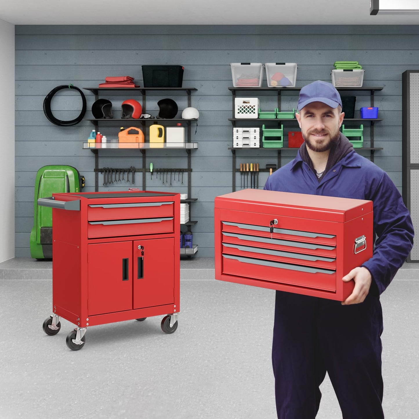 ERGOMASTER Large Rolling Tool-Chest with 6 Drawers Heavy Duty Tool-Cabinet on Wheels Lockable and Lock System for Garage Workshop(28 x 13 x 44”-Red)