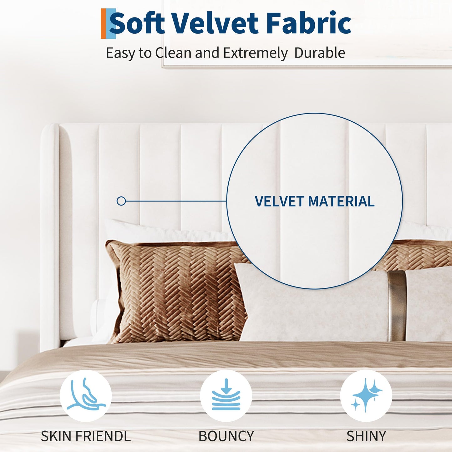 IDEALHOUSE Full Size Velvet Bed Frame/Vertical Channel Tufted Wingback Headboard/Upholstered Platform Bed/Wood Slats/No Box Spring Needed/Easy Assembly/White