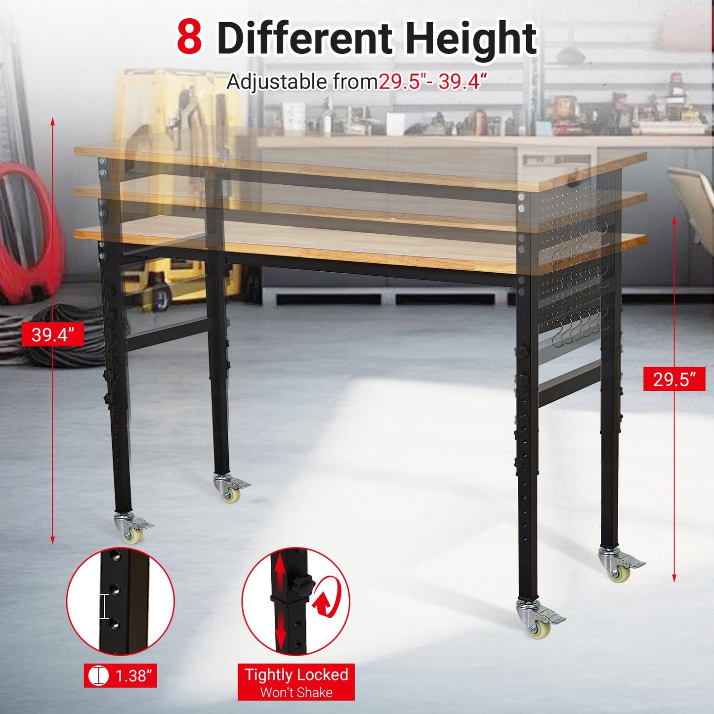 48" x 24" Work Bench with Scales, 2200 LBS Load Capacity Adjustable Workbench with Peg Board, Wheels, 8 Adjustable Heights Heavy Duty Work Table for Garage, Workshop, Home, Office