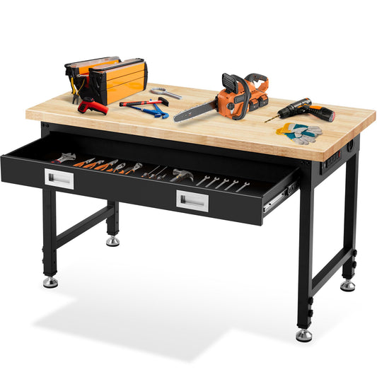 Antifir 48” Adjustable Workbench with Drawer Storage, 2000 LBS Load Capacity Heavy Duty Workstation with Power Outlets, Rubber Wood Top Worktable for Garage, Office,Workshop, Commercial
