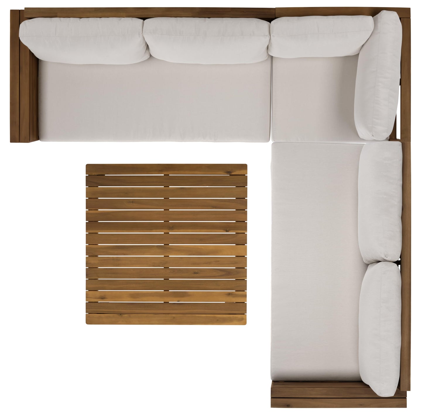 SAFAVIEH Outdoor Patio Furniture Collection - Napoli Oak Brown & Cream Solid Wood 4-Piece Sectional Sofa Set with Coffee Table, Durable Cushions, Modern Outdoor Seating (PAT6806B)