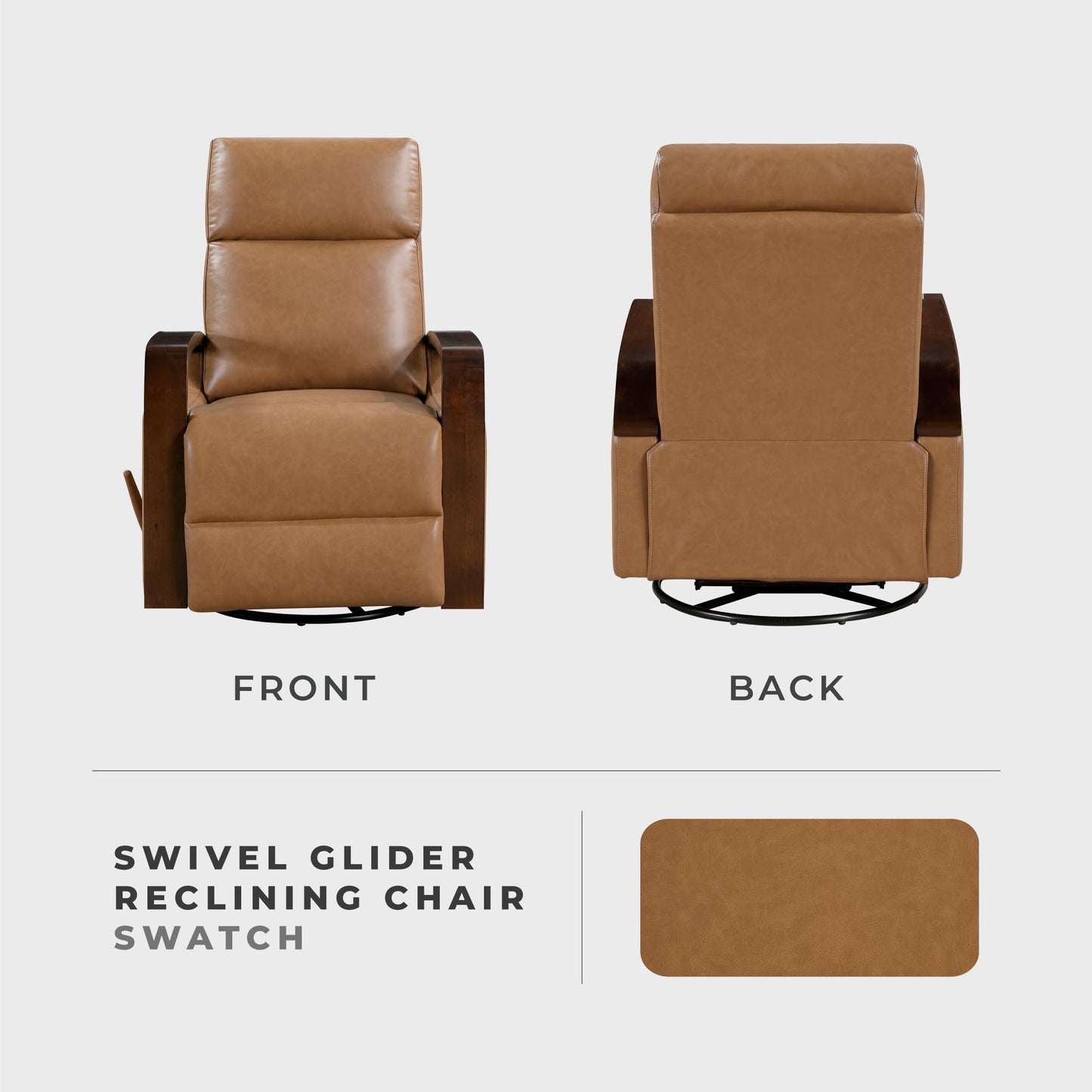 Lexicon 360 Degree Swivel Glider Reclining Chair, Breathable Faux Leather Manual Recliner, Comfy Nursery Glider Recliner, Wood Arms, Pull Handle for Living Room/Office/Bedroom/Apartment, Camel Brown