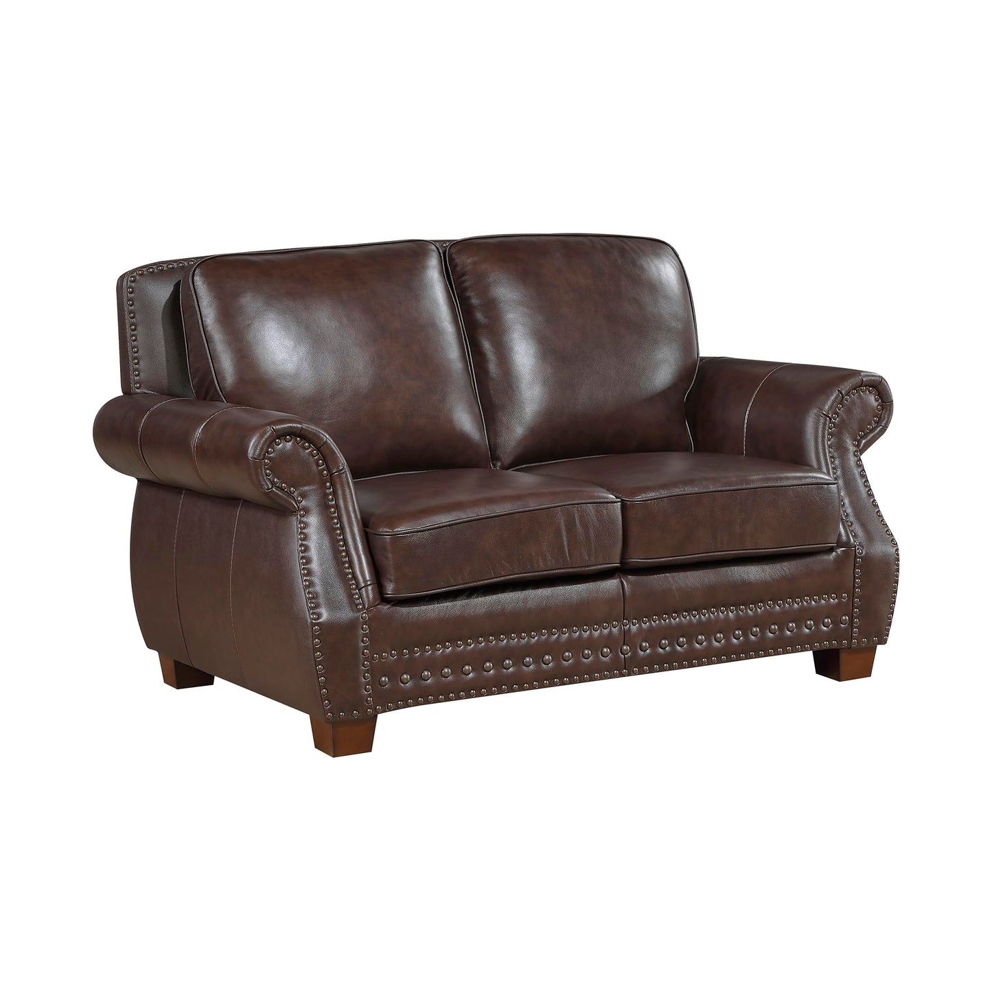 Lexicon 64.5" Loveseat, Top Grain Leather Match Loveseat Sofa with Nailhead Trim, Rolled Arms, Solid Wood Legs, 2 Seater Couch for Living Room/Apartment/Office, Easy Assembly, Brown