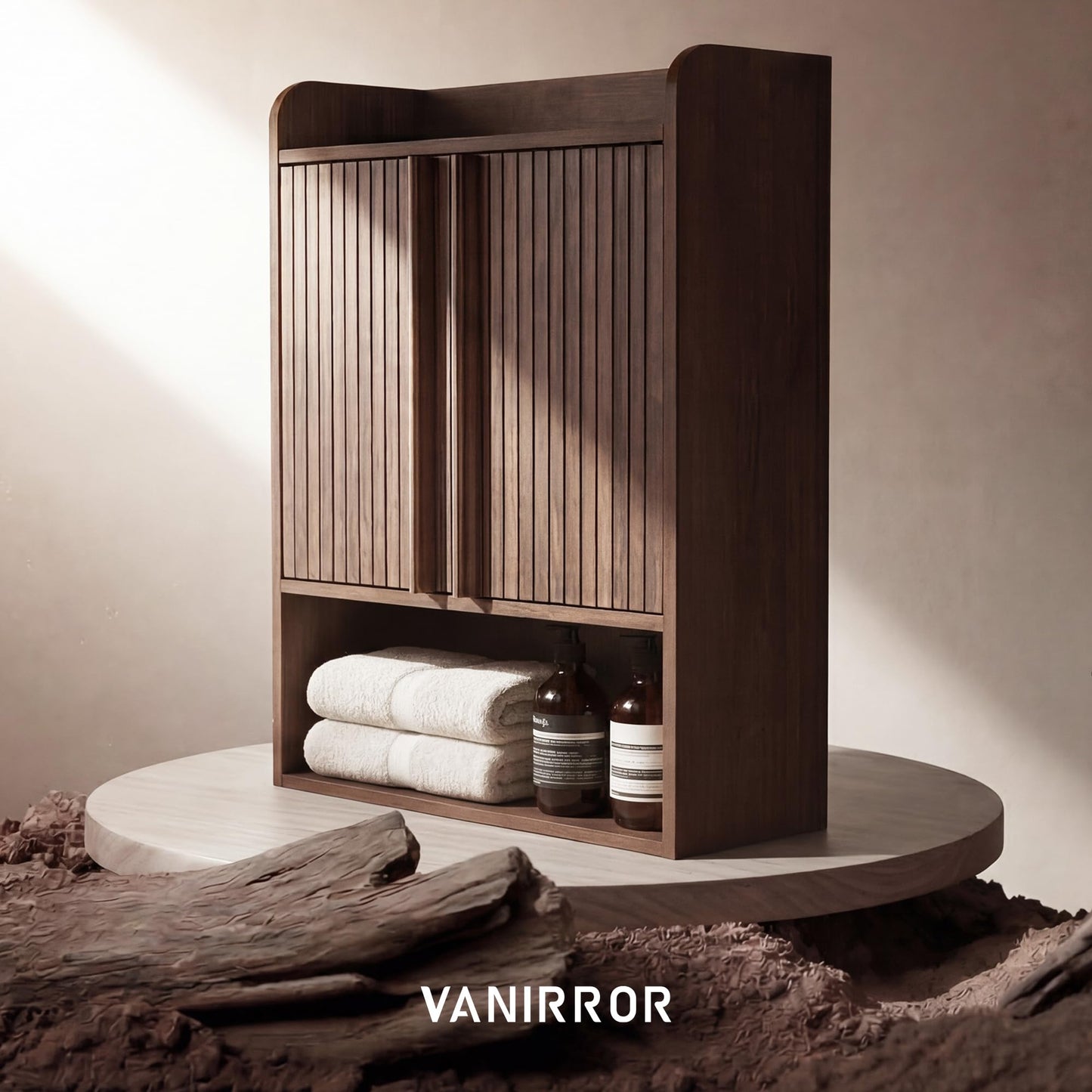VANIRROR Fluted Wall Cabinet 33" H, Mid-Century Modern Dark Wood Bathroom Cabinet Over Toilet, Medicine Cabinet Storage with Doors & Open Shelf for Kitchen, Laundry Room and Entryway