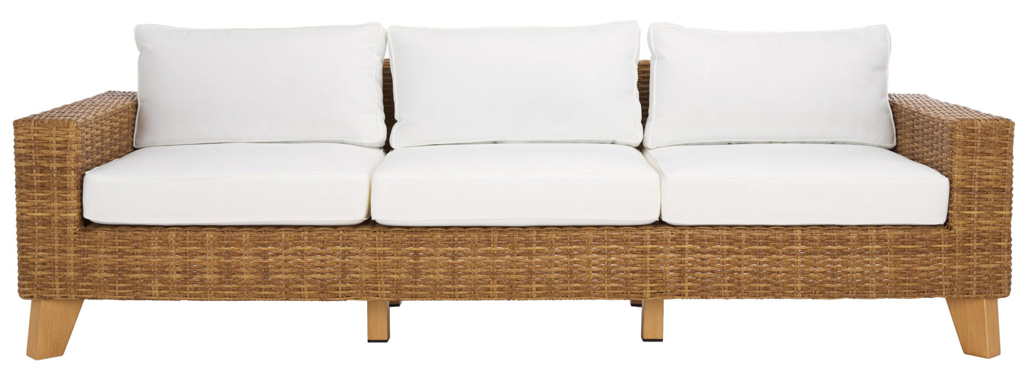 SAFAVIEH Couture Outdoor - Margarita Wicker Sofa - Brown & White - Performance Linen & Aluminum Frame - Ideal for Patio, Deck, Porch, Backyard, 94.5"W x 33.5"D x 27.2"H (CPT2102A)