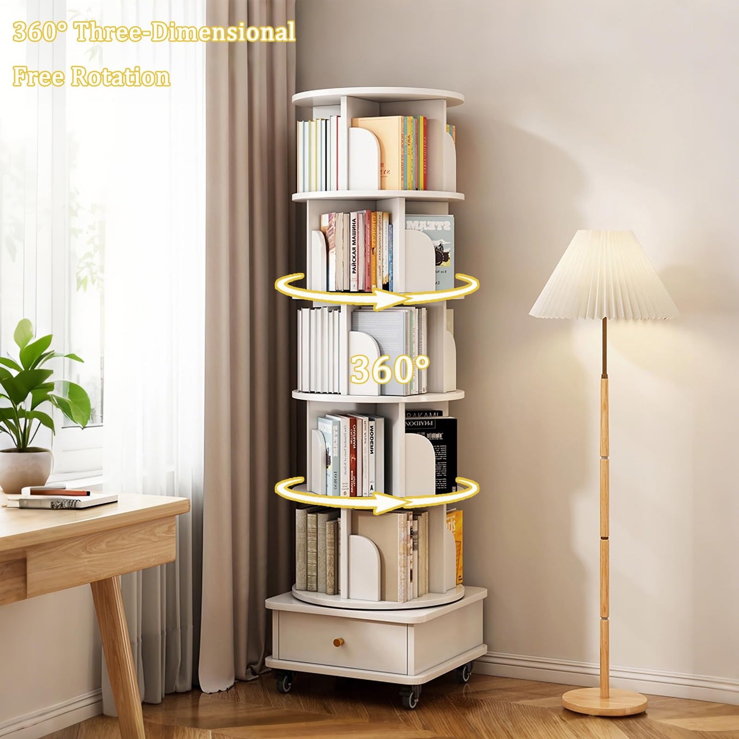 GDFStudio 6-Tier Rotating Bookshelf with Wheels & Drawer, 360° Spinning Round Display Organizer, Space-Saving Storage Tower for Living Room, Home, Office, White