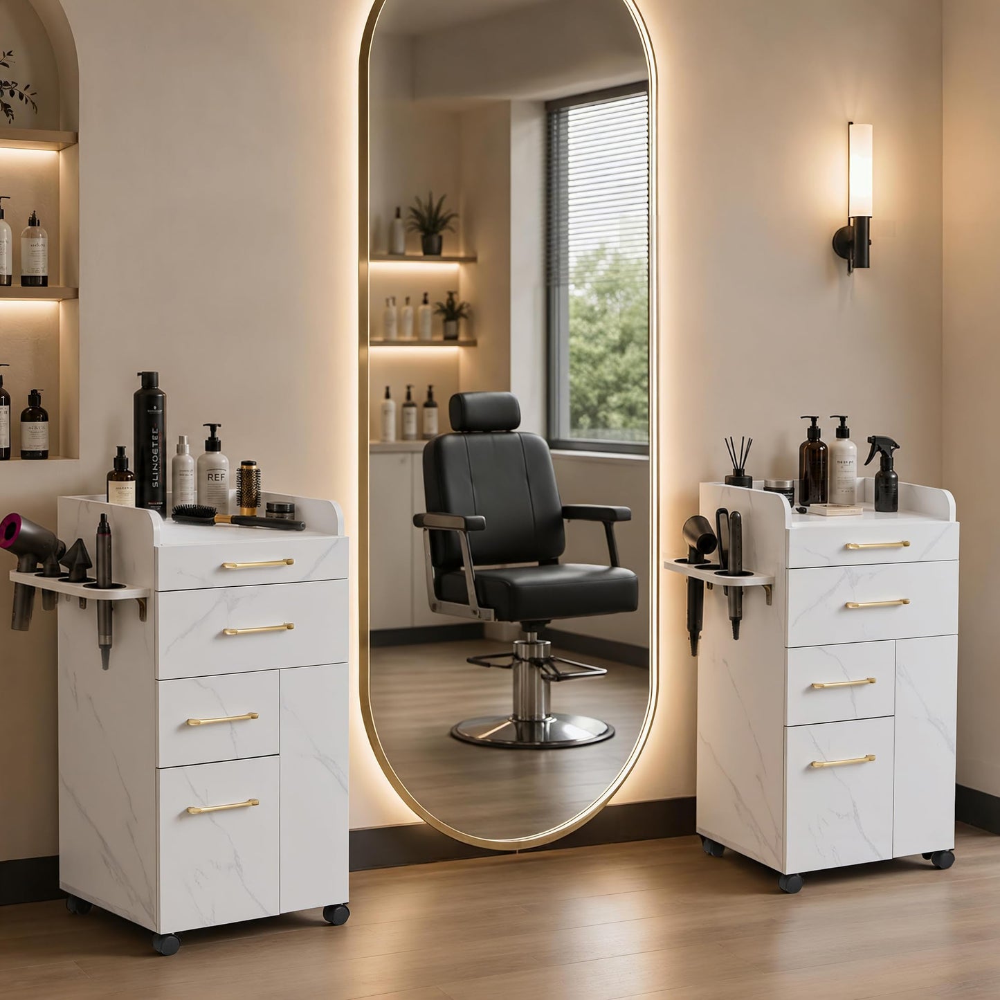 BarberPub Salon Trolley Cart with Lockable Wheels, Hair Styling Utility Rolling Cart for Storage DC2053 (White)