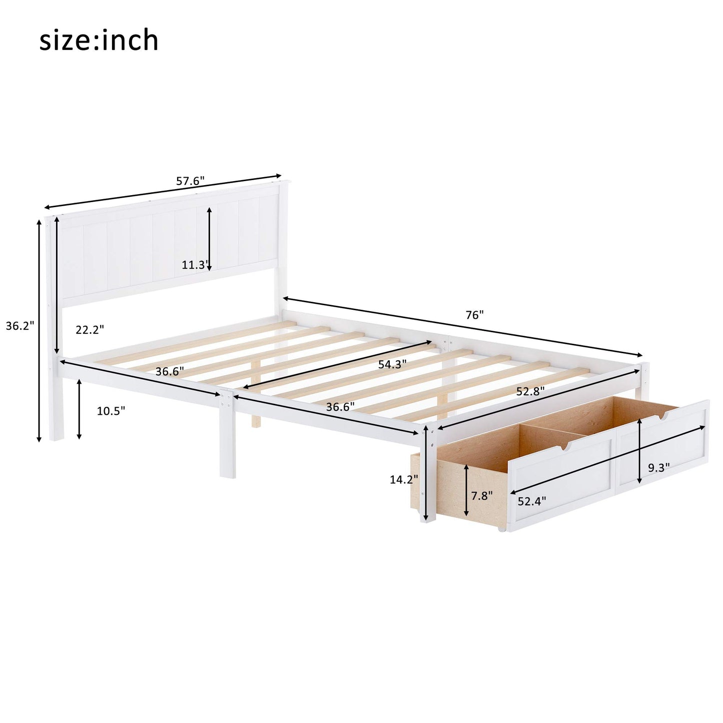 GDFStudio Full Size Platform Bed with Under-Bed Drawers, Solid Pine Wood and MDF Bed Frame, Storage Platform Bed with Support Legs, No Box Spring Needed, White