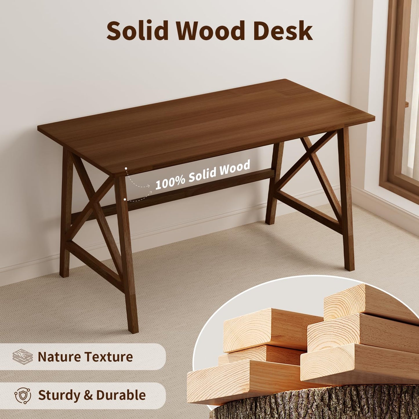 NELYE Modern Solid Wood Desk - 48" Simple Computer Table for Home Office Study Writing Workstation in Walnut, 48" W x 24" D