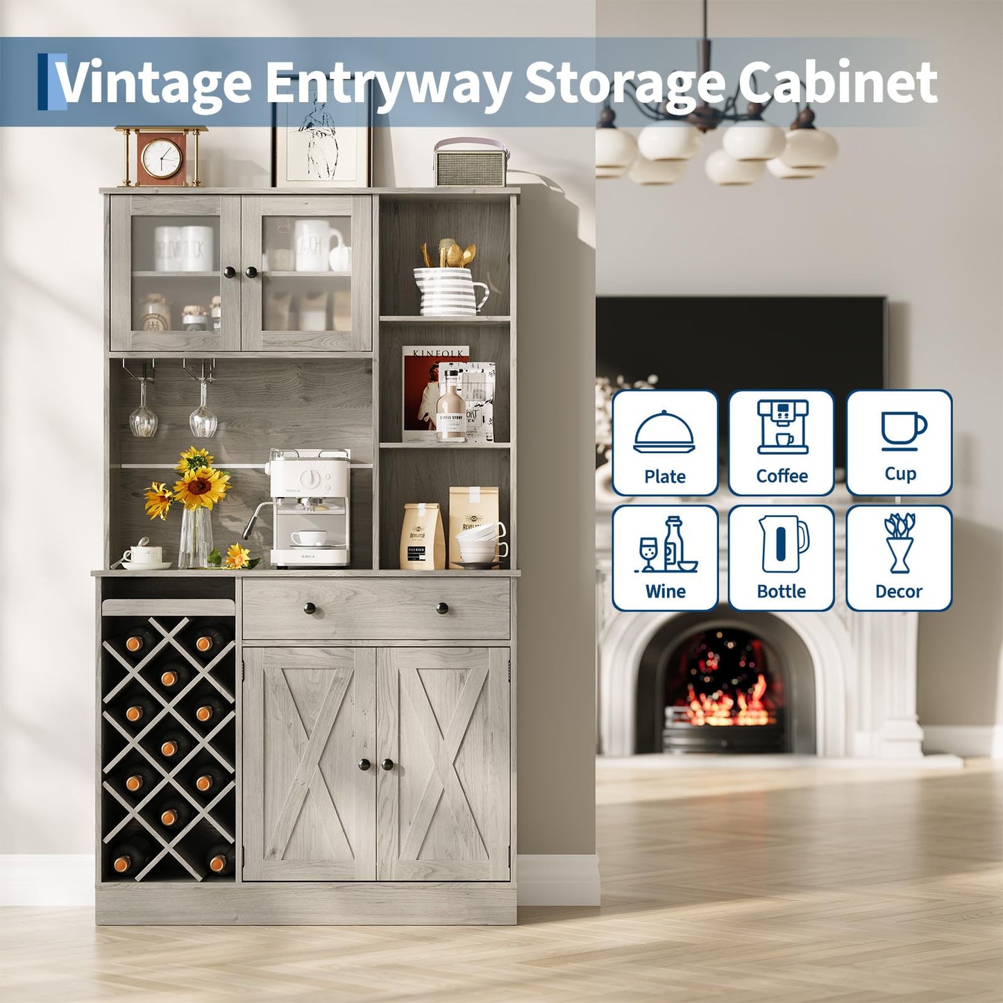 Coffee Bar Cabinet with Power Outlet & Exquisite Barn Doors, Sideboard Buffet Cabinet with Wine Bottle Rack, Storage Cabinet for Kitchen, Dining Room