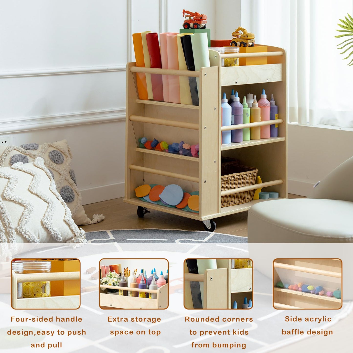 kidi house Art Activity Cart Wooden Rolling Utility Cart with Wheels 3-Tier Art Cart Organizer for Kids Multi-Functional Movable Birch Storage Cart Art and Crafts Supply Shelf Montessori Furniture
