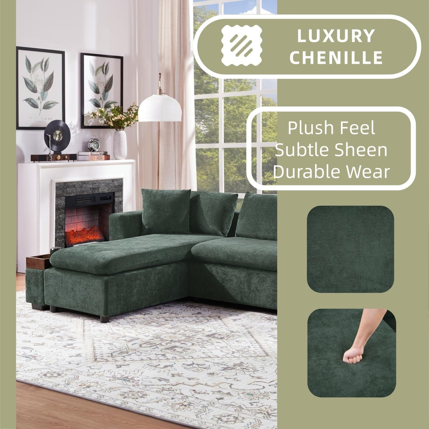 Trygoal 93.7" L-Shaped Sectional Sofa with Storage Chaise, Modern Couch for Living Room, Chenille Upholstered Couch with Deep Seats & Throw Pillows, Modern Corner Sofa for Living Room, Green