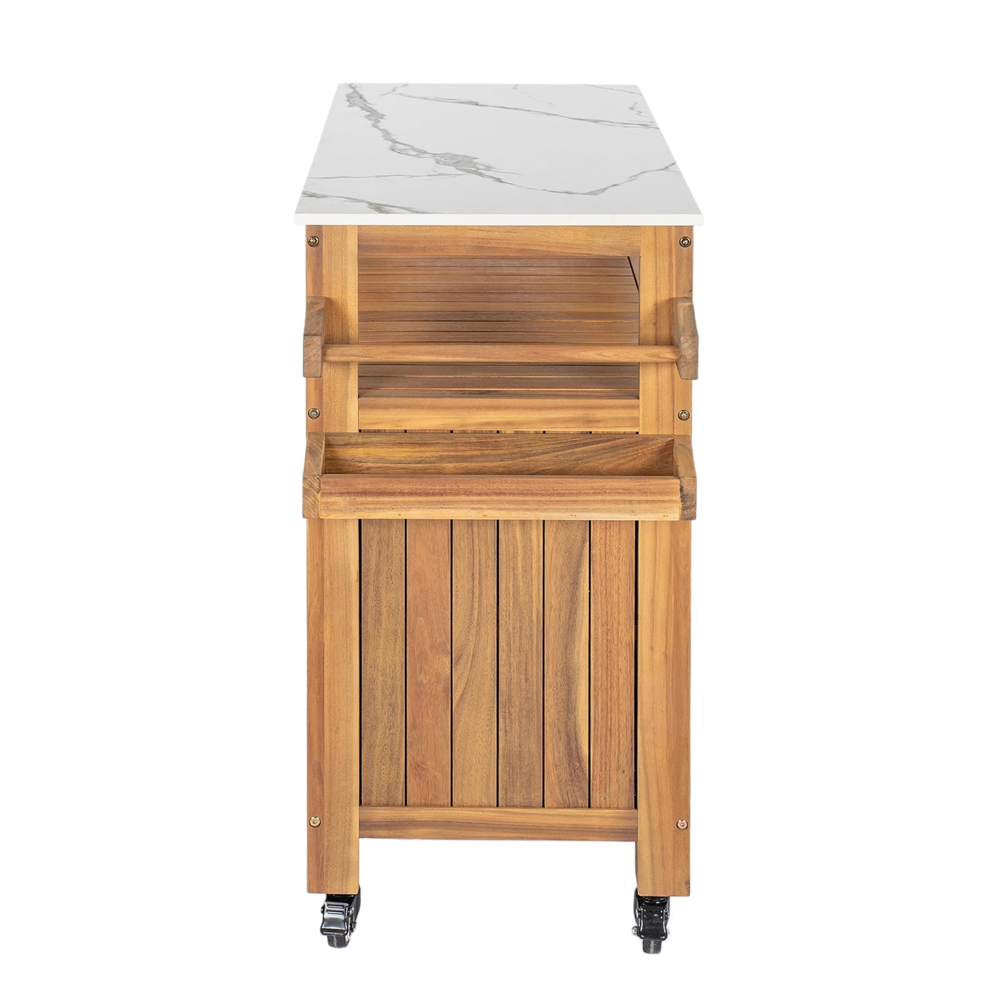 Christopher Knight Home Shina Outdoor Bar Cart with Marble-Effect Top and Lockable Wheels, Acacia Wood Outdoor Storage Cabinet with Three-Tier Slatted Shelves, Kitchen Island Serving Cart, Natural