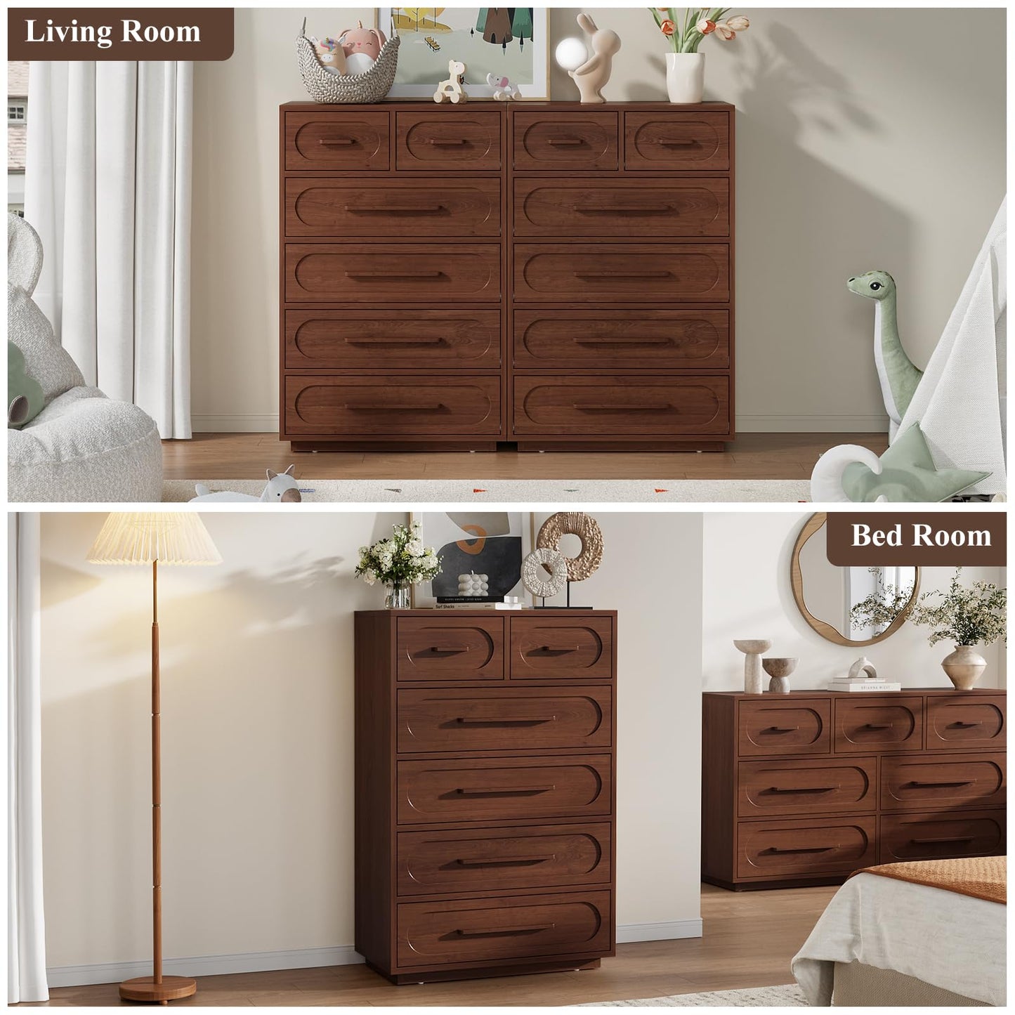 YANSNWO Walnut 6 Drawer Dresser for Bedroom, 44" Tall Dressers & Chest of Drawers w/Solid Wood Handle, Wood Mid Century Closet Organizers and Storage Cabinet for Bedroom, Living Room, Hallway, Walnut