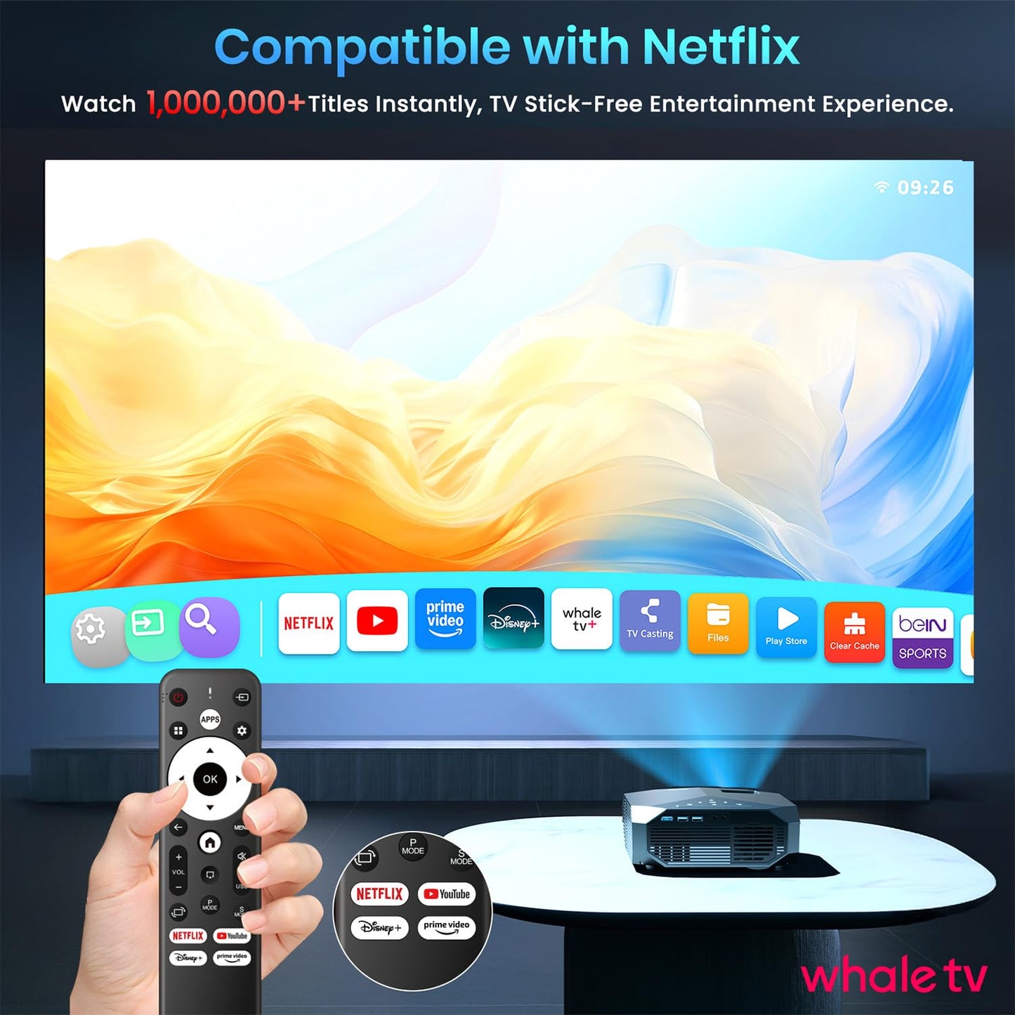 [Compatible with Netflix/High Brightness] Smart Projector with WiFi 6 and Bluetooth 5.3, 4K Outdoor Movie Projector with Prime Video/YouTube, Portable Proyector Compatible with HDMI/USB/iOS/Android