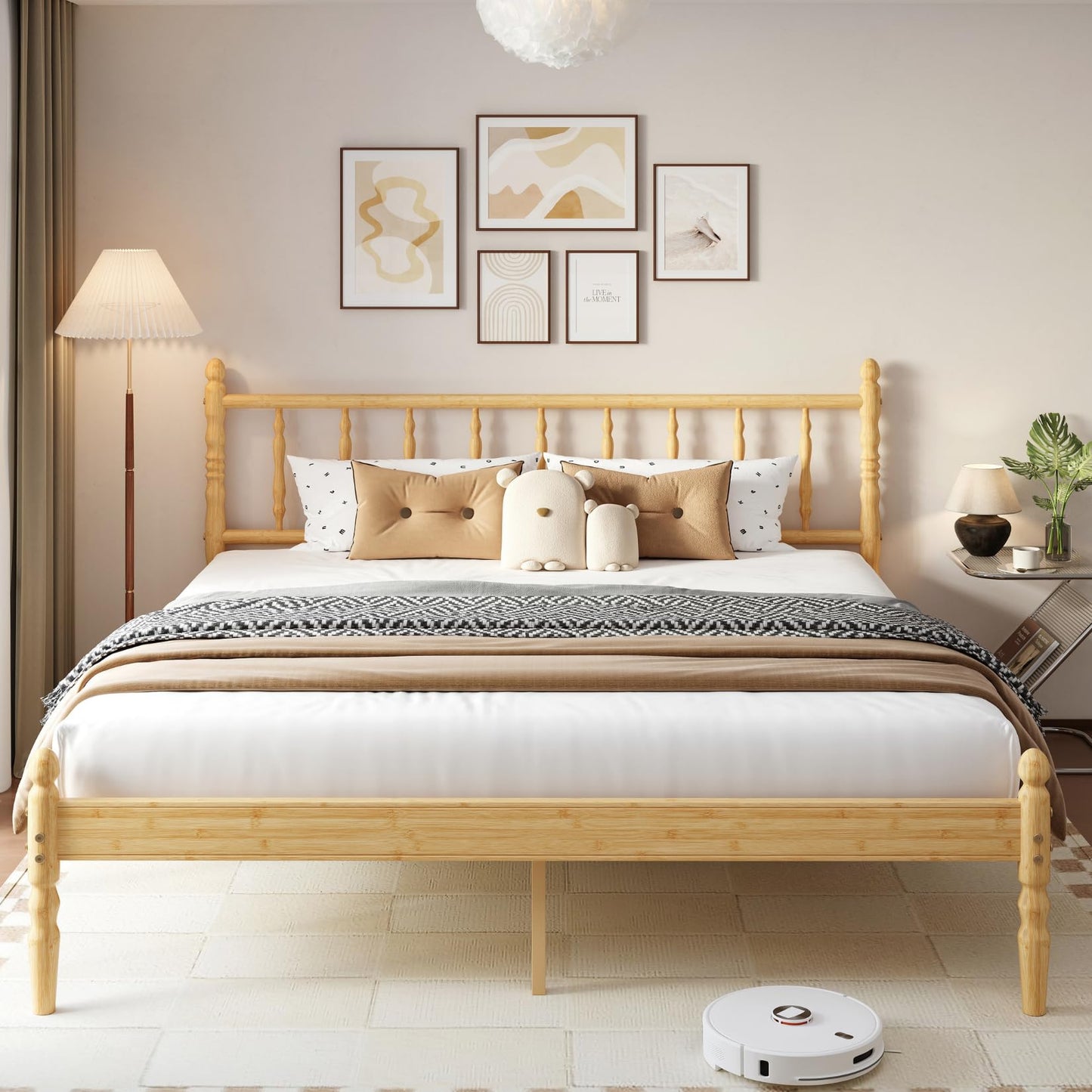 Hunlostten 14 Inch King Size Bed Frame Bamboo with Headboard and Footboard, Wood Platform Bed with Roman Column Design, Heavy Duty Metal Slats Support, No Box Spring Needed, Easy Assembly, Noise Free