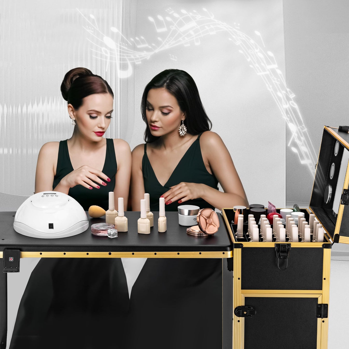ZhenGuiRu Portable Manicure Table 3 Drawers, Rolling Lockable Makeup Train Case with Blueteeth Speaker and Nail Polish Organizer, Foldable Nail Desk with Mirror & TSA Lock for Nail Tech and Salon Use