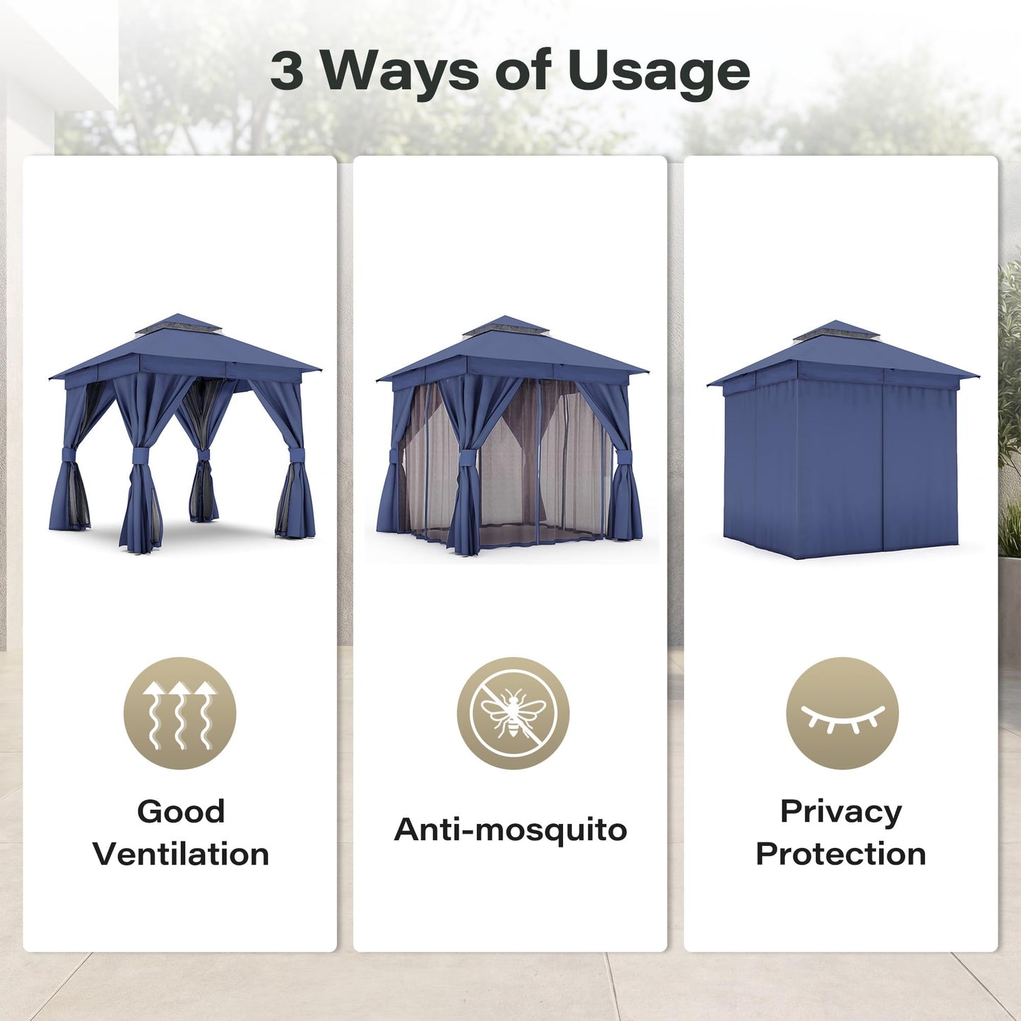 EO Living 8' x 8' Outdoor Patio Gazebo, Heavy-Duty Galvanized Steel Frame with Double-Tier Roof, Mosquito Netting & Privacy Curtains for Backyard, Patio & Lawn, Navy Blue