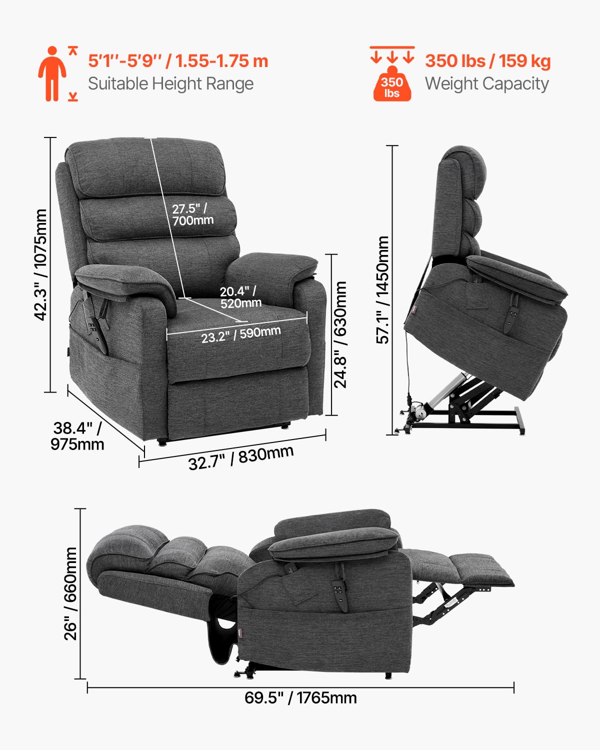 VEVOR Power Lift Recliner Chair, Dual Motor Lift Chair with Heat and Massage for Elderly, Infinite Position Adjustment Electric Recliner with 2 Anti-Fall Ropes (Medium, Dark Gray)