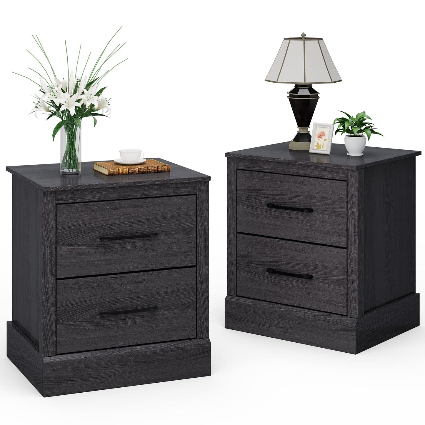 Giantex Farmhouse Nightstand Set of 2, Wood Bedside Table with 2 Storage Drawers, Compact Floor Night Stand End Table, Accent Sofa Side Table for Bedroom, Grey Oak