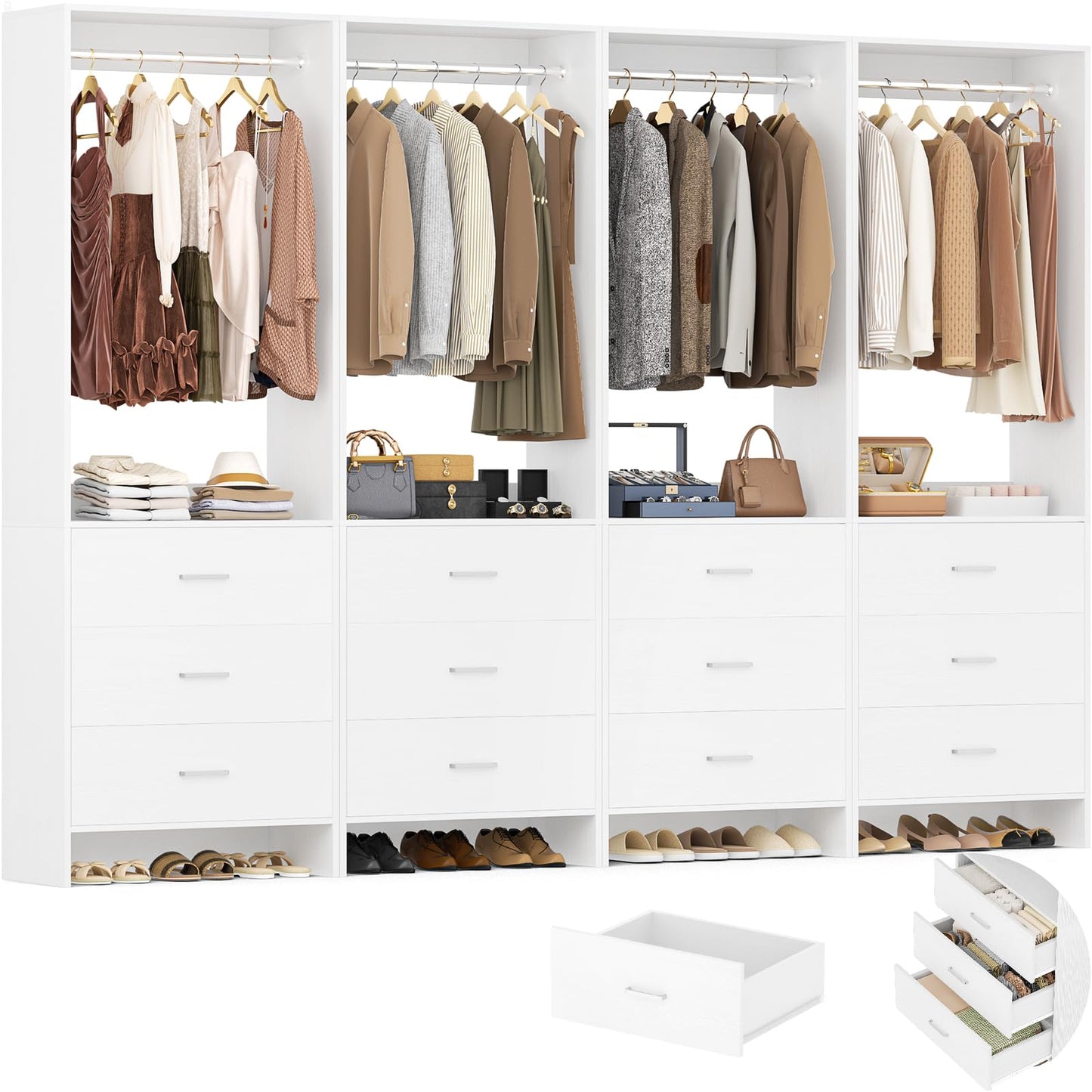 Aheaplus Closet System Closet Organizer, Wood Closets Organizer System, Walk-in Closet or Wardrobe, Clothes Rack with Hanging Rods, 8FT Closets, Set of 4, White