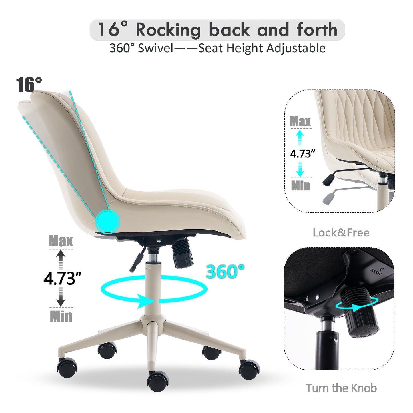 YOUNIKE Cream Faux Leather Ergonomic Office Chair Armless Comfy Desk Chair with Rocking Back Cute Swivel Vanity Chair with Wheels Height Adjustable Small Computer Task Chair for Sewing Drafting