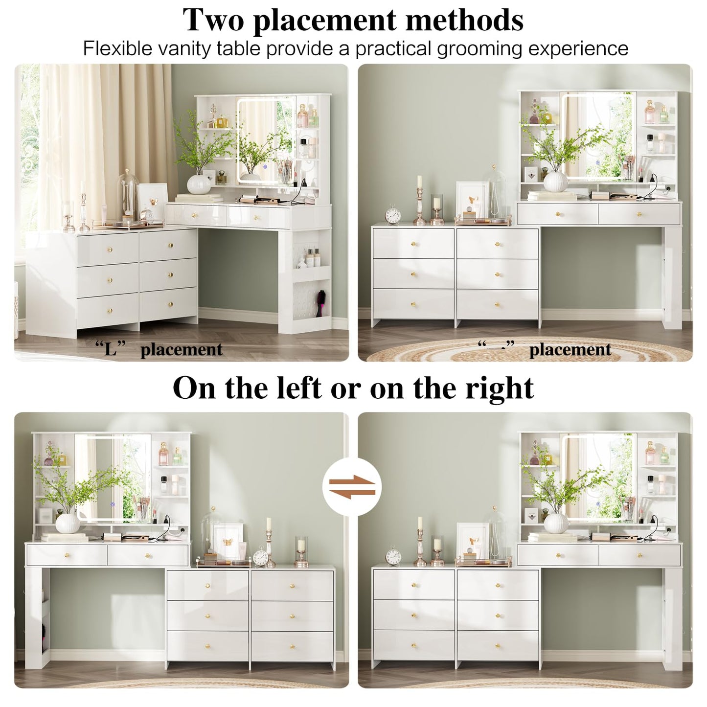 Ieejdn Makeup Vanity Desk with Mirror and Lights, Vanity Desk with 8 Drawers & Storage Shelves, Vanity Table with Power Outlet, 3 Color Modes & Adjustable Brightness Dressing Table, Bedroom,White