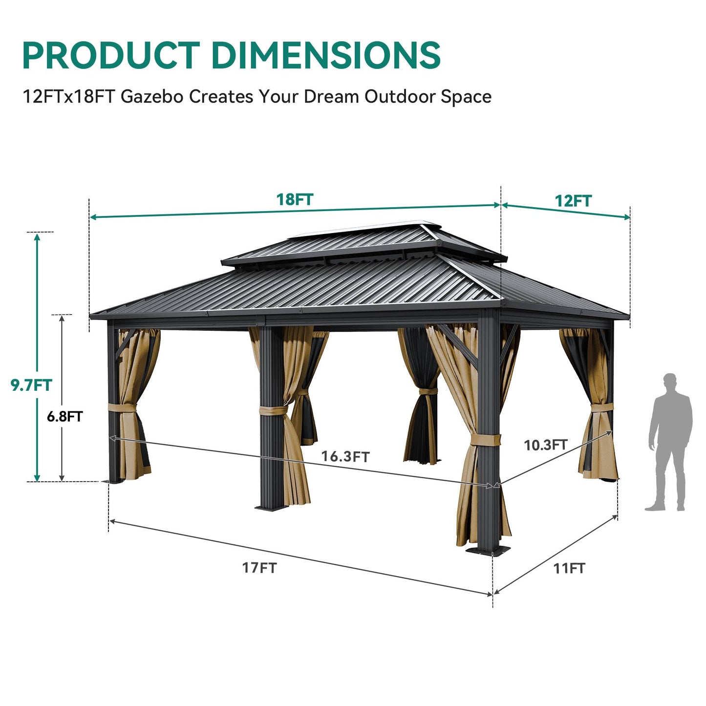 YITAHOME 12x18ft Gazebo Hardtop Canopy Outdoor Heavy Duty Double Roof w/Nettings and Curtains, Upgraded Aluminum Column Galvanized Steel Vertical Stripes Roof for Patio, Backyard, Deck, Lawns, Brown