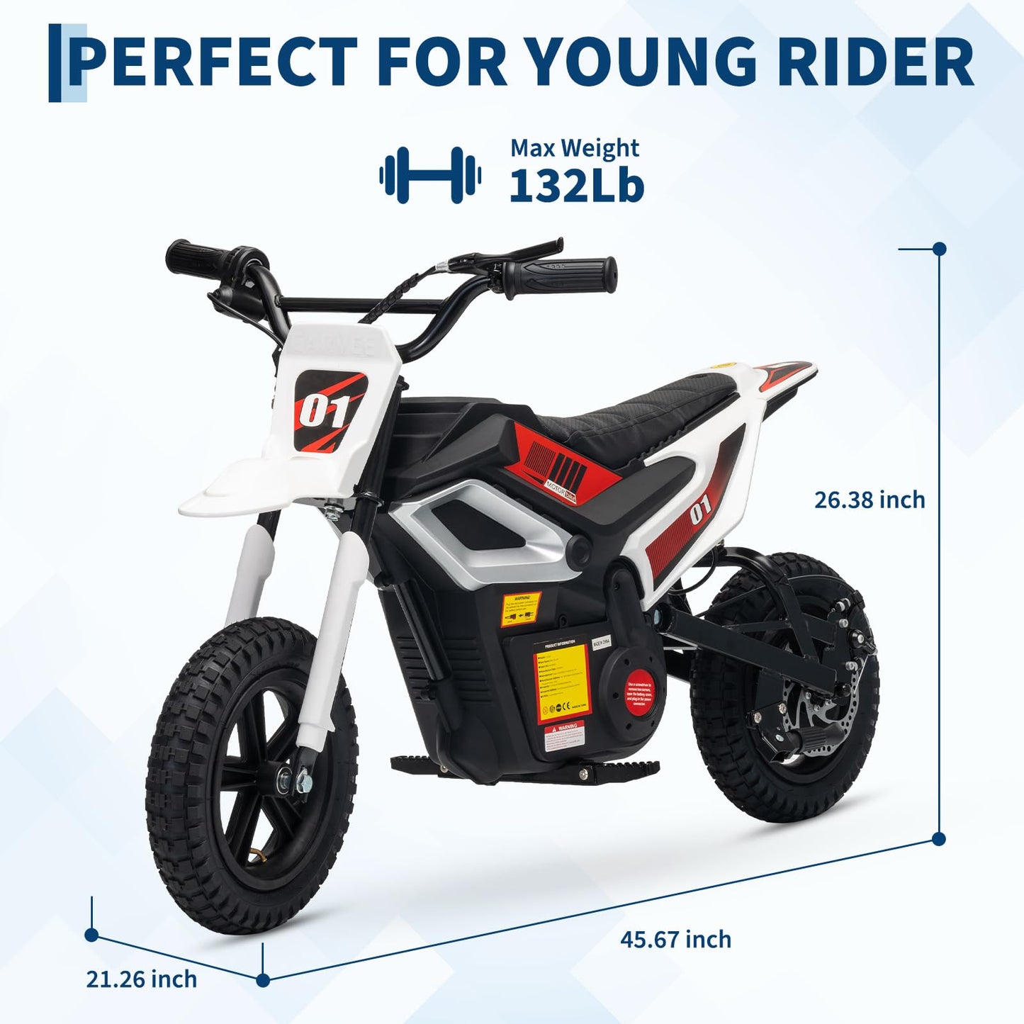 Garvee 24V Kids Electric Dirt Bike - 350w Kids Motorcycle, 13.67 Mph Max Speed Electric Bike for Kid, Rear Wheel Suspension, 12 Miles Range, Twist Grip Throttle, Rubber Tire, White