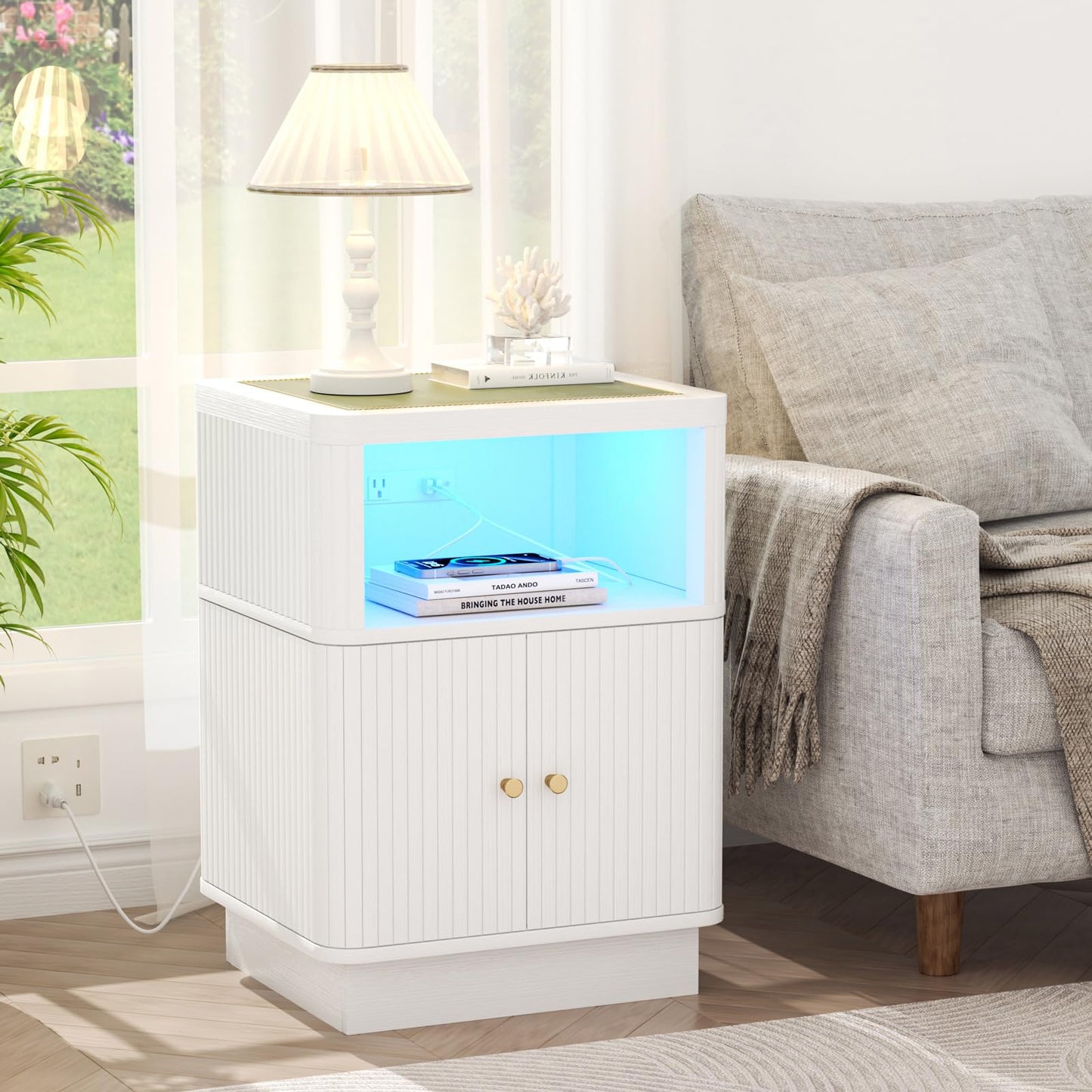 Night Stand with Charger Station, Modern Nightstand Set of 2 with Hidden Drawer, Saddle Leather Top, Smart LED, and Sliding Door Cabinet, for Bedroom, Living Room, Apartment, Dorm, Office, White