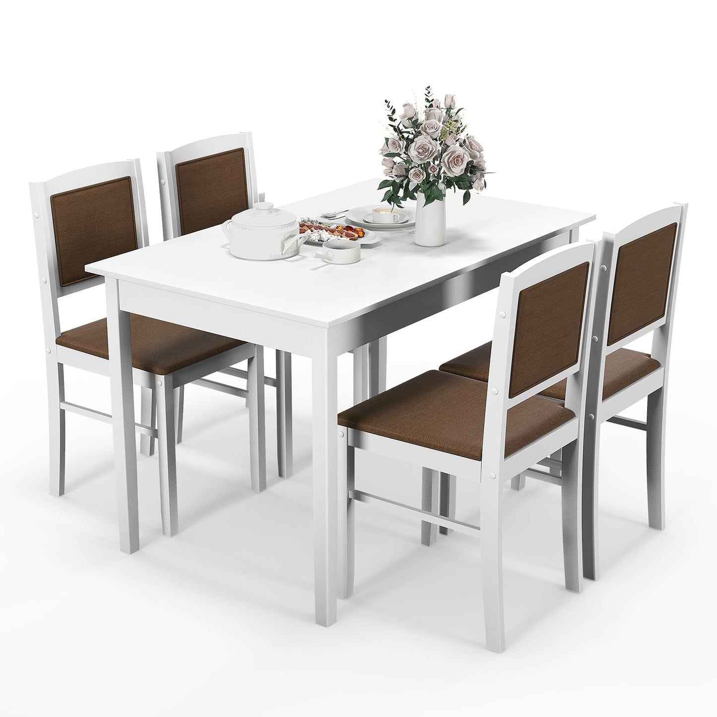 Tangkula Dining Table Set for 4, Farmhouse Solid Wood Dinette Set w/Rubber Wood Legs, Upholstered Seat & Padded Backrest, Mid-Century Modern Dining Table and Chairs Set for Kitchen, Dining Room