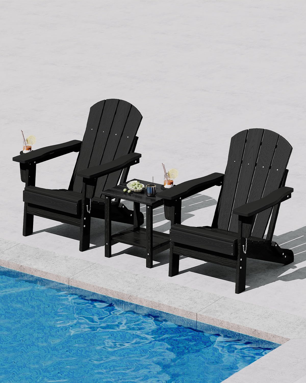 GarveeLife Folding Adirondack Chair Set of 2 with Side Table, All-Weather HDPE Outdoor Chair, Wooden Textured with Cup Holder for patios, Decks, Gardens, fire pits, Black