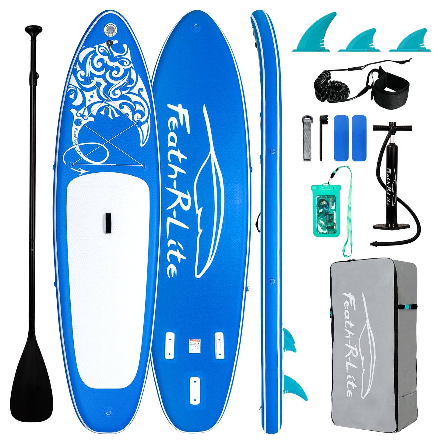 FEATH-R-LITE Inflatable Paddle Board Stand Up Paddleboards for Adults SUP with Premium Accessories Pump, Adjustable Paddle, Leash, Three Fins, Backpack (Dark Blue)